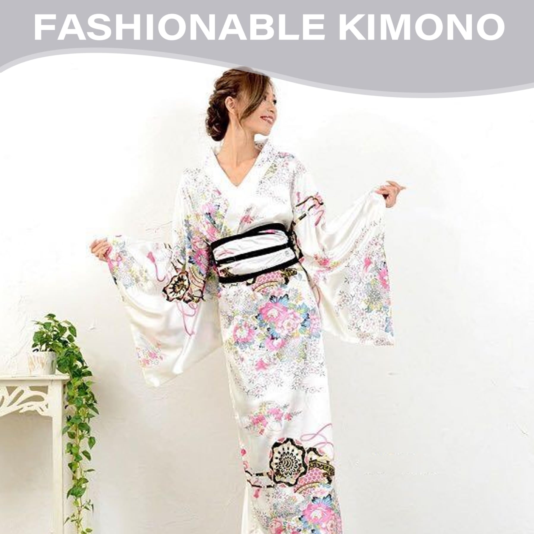 Yukata para Mujer, Kimono japonés con Estampado Floral, Sedoso, cómodo y Agradable para la Piel, con cinturón, Estilo Tradicional de Kioto, Ideal para Fiestas, Cosplay y Accesorios (Blanco).