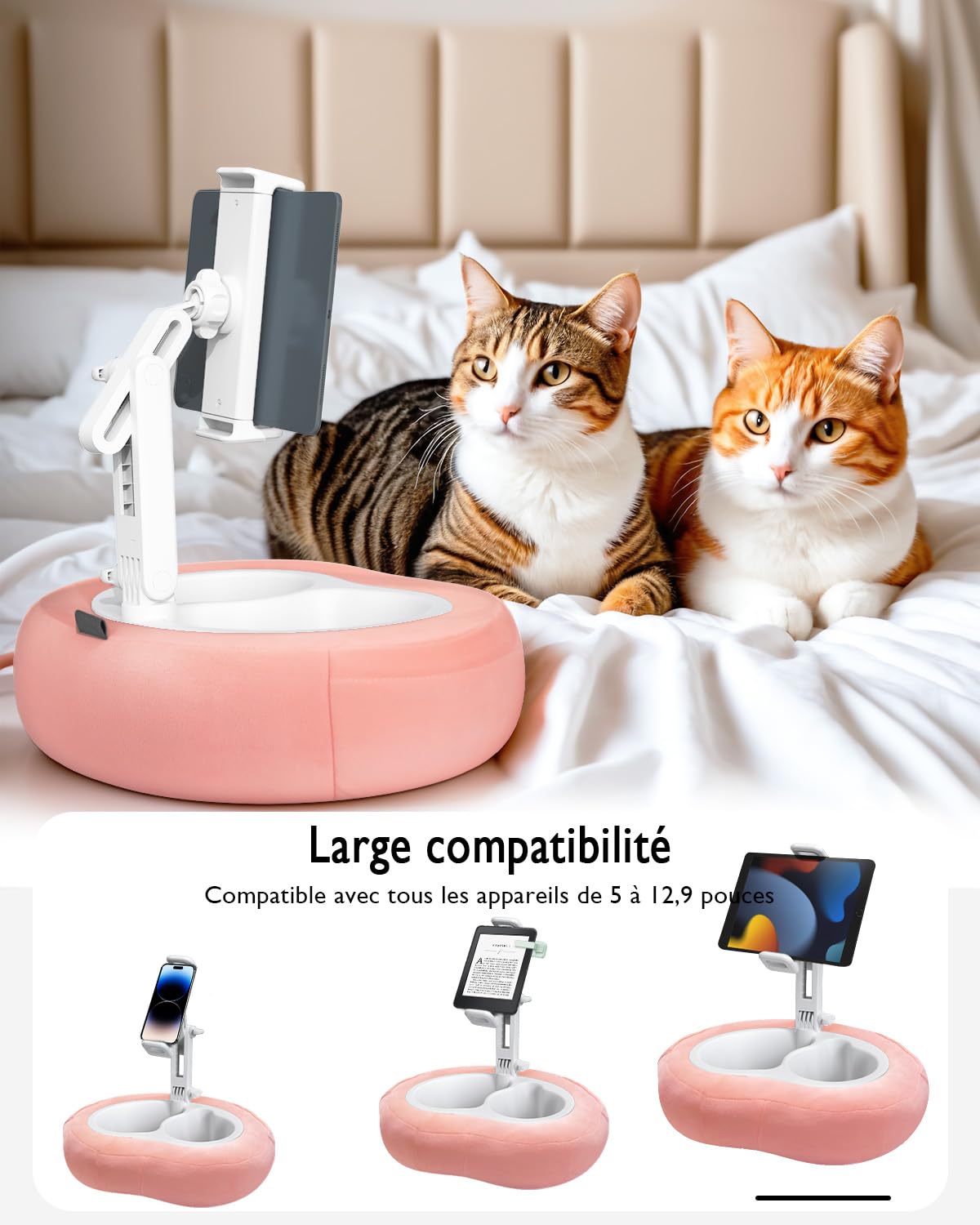 Miledi Support Tablette avec Coussin, Support Kindle, Coussin Support Rotatif à 360° Compatible avec Appareils de 5 à 12,9 Pouces, Support Téléphone pour Lecture au Lit, Rose