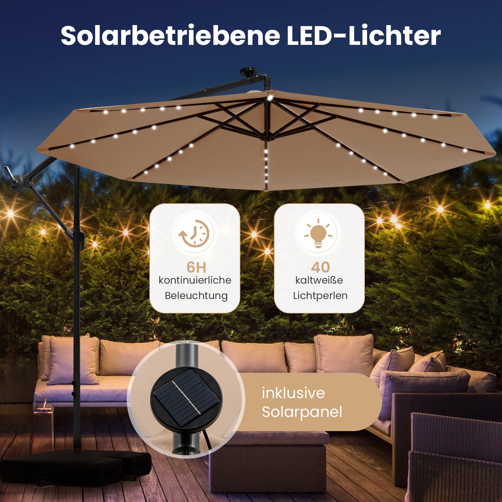 COSTWAY Parasol przeciwsłoneczny 350 cm ze stojakiem i diodami LED, parasol przeciwsłoneczny z korbą, parasol ogrodowy, ochrona przed promieniowaniem UV, parasol na taras, do ogrodu, na taras (beżowy)