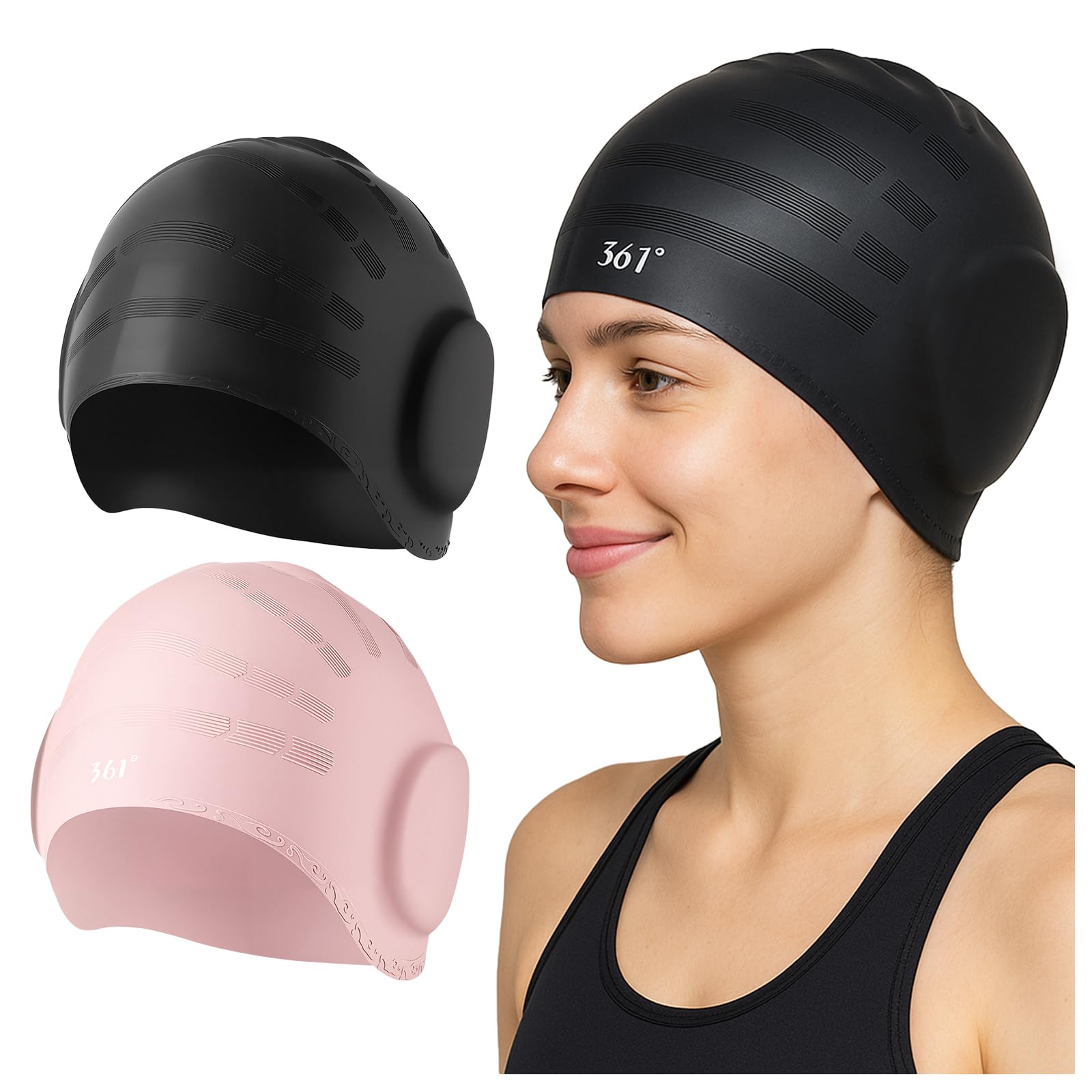 HRCOYES 2 Pack Swimming Cap for Women Men, Silicone Waterproof Swimming Hat with 3D Ear Protection, Keep Hair Dry Swim Cap Fits Long/Short Hair (Black and Pink)