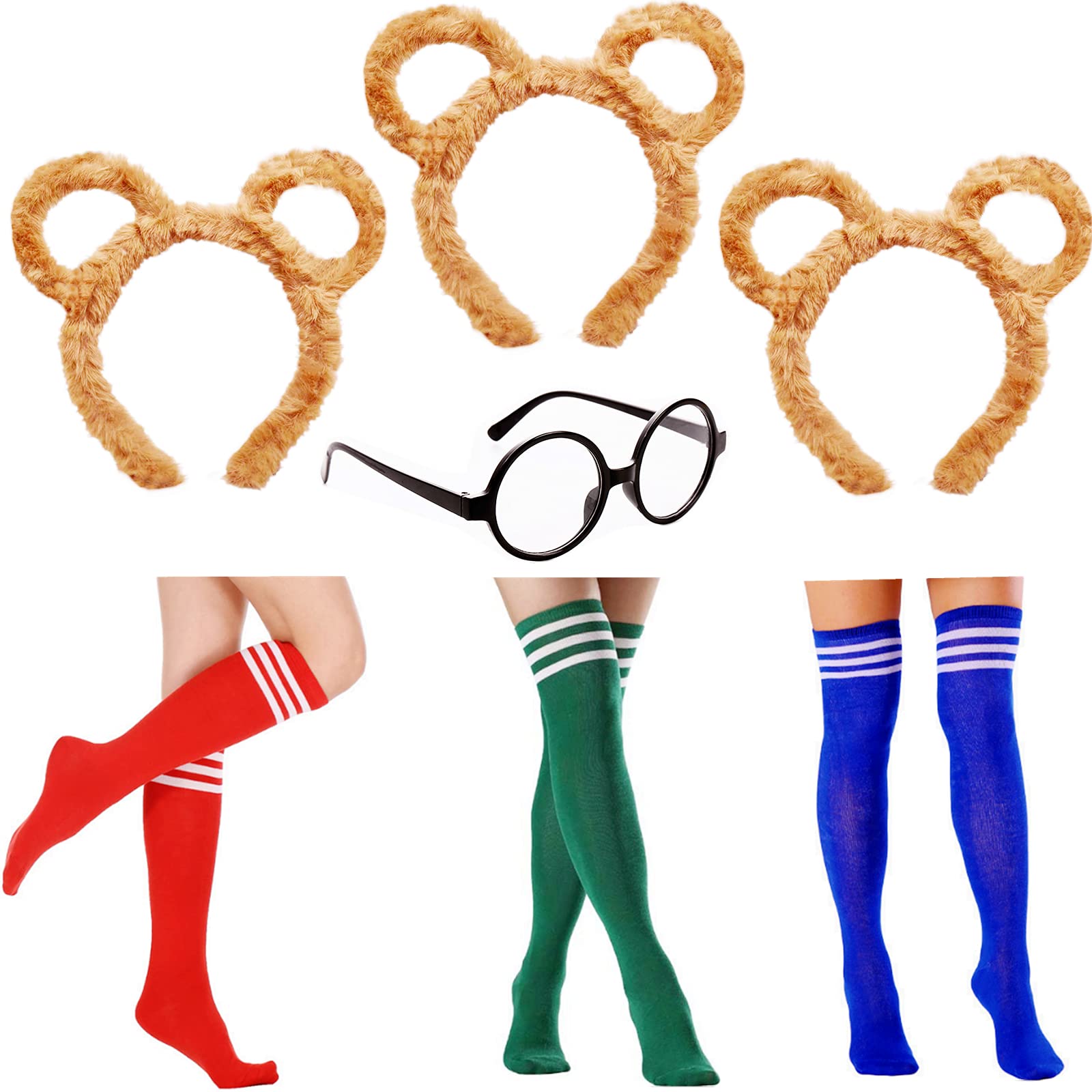7 Pcs Chipmunks Garment Accessory Sets - 1 Pcs Black Round Glasses Frame No Lenses & 3 Pcs Chipmunk Ears Headband & 3 Pairs Over Knee Socks Suitable for Cosplay Stage Performance Halloween Party etc