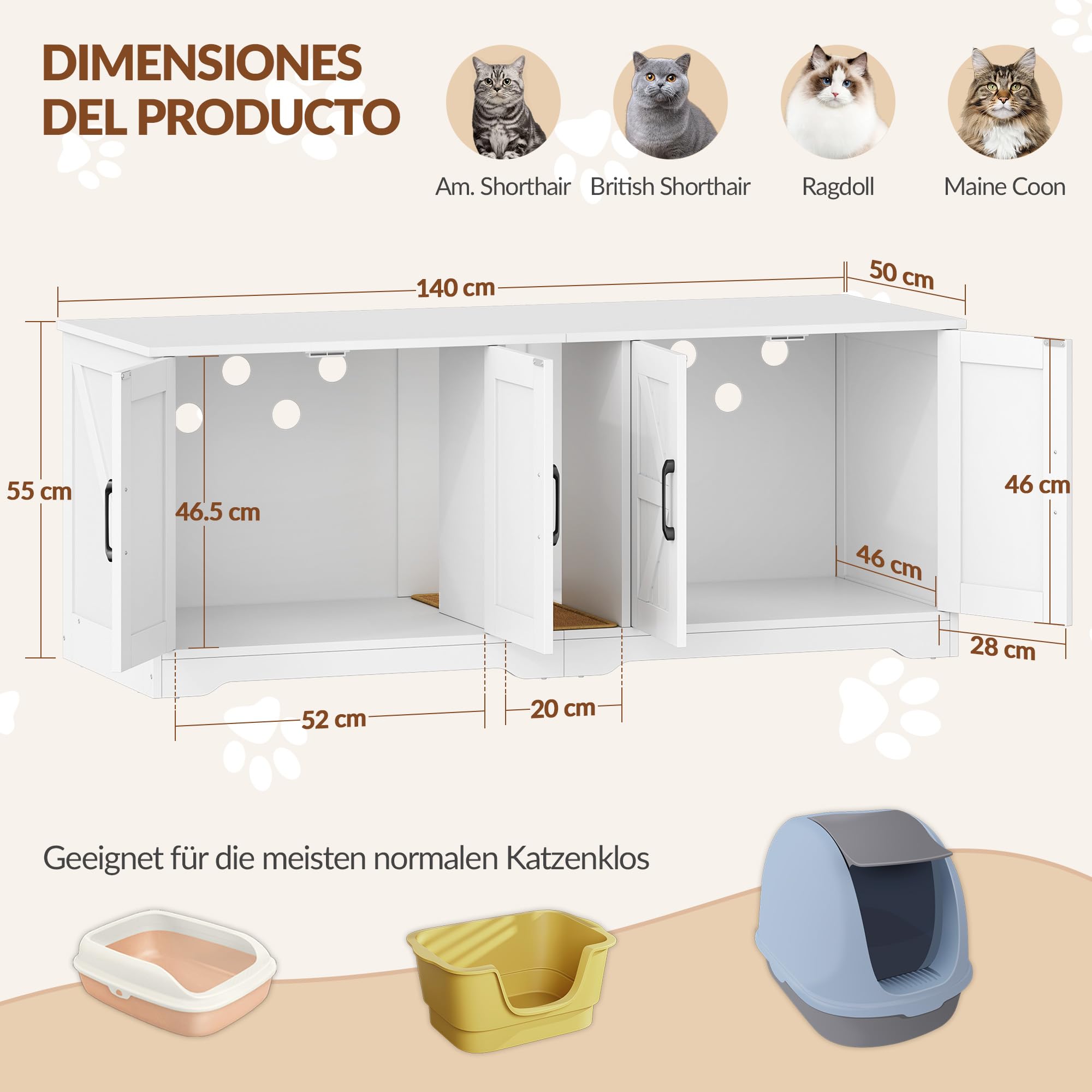 Katzenklo Schrank für 2 Katzen, Katzenklo Versteckt Schrank Möbel, Katzenhaus Holz Beistelltisch mit Kratzmatte, für Wohnzimmer und Schlafzimmer, 140 x 50 x 55 cm, Weiß, FPCB103PW1