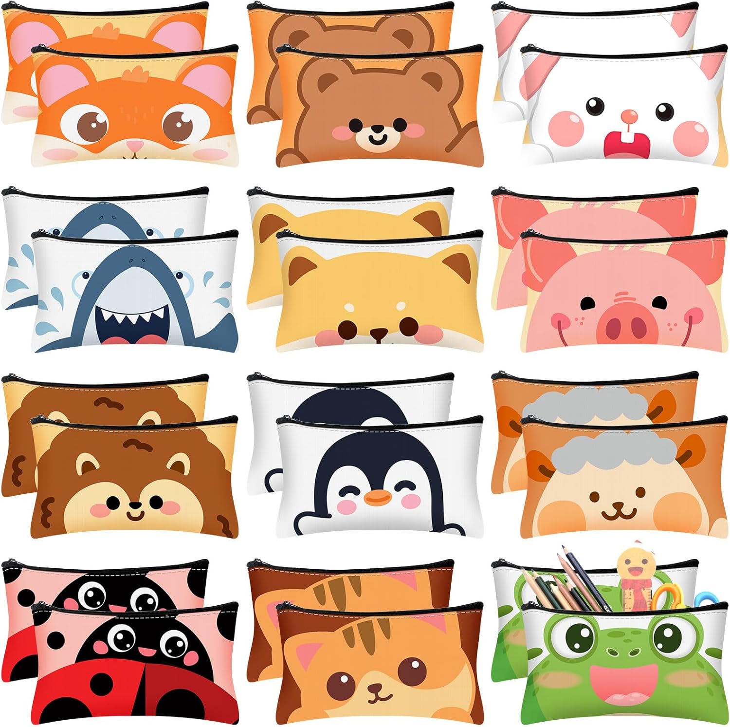 Hosuly 24 Pack Cute Animal Canvas Pencil Cases - Trendy Zipper Pouches with Cat Bear Shark Bunny Designs for Stationery Storage