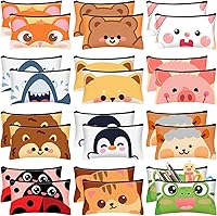 Hosuly 24 Pack Cute Animal Canvas Pencil Cases - Trendy Zipper Pouches with Cat Bear Shark Bunny Designs for Stationery Storage