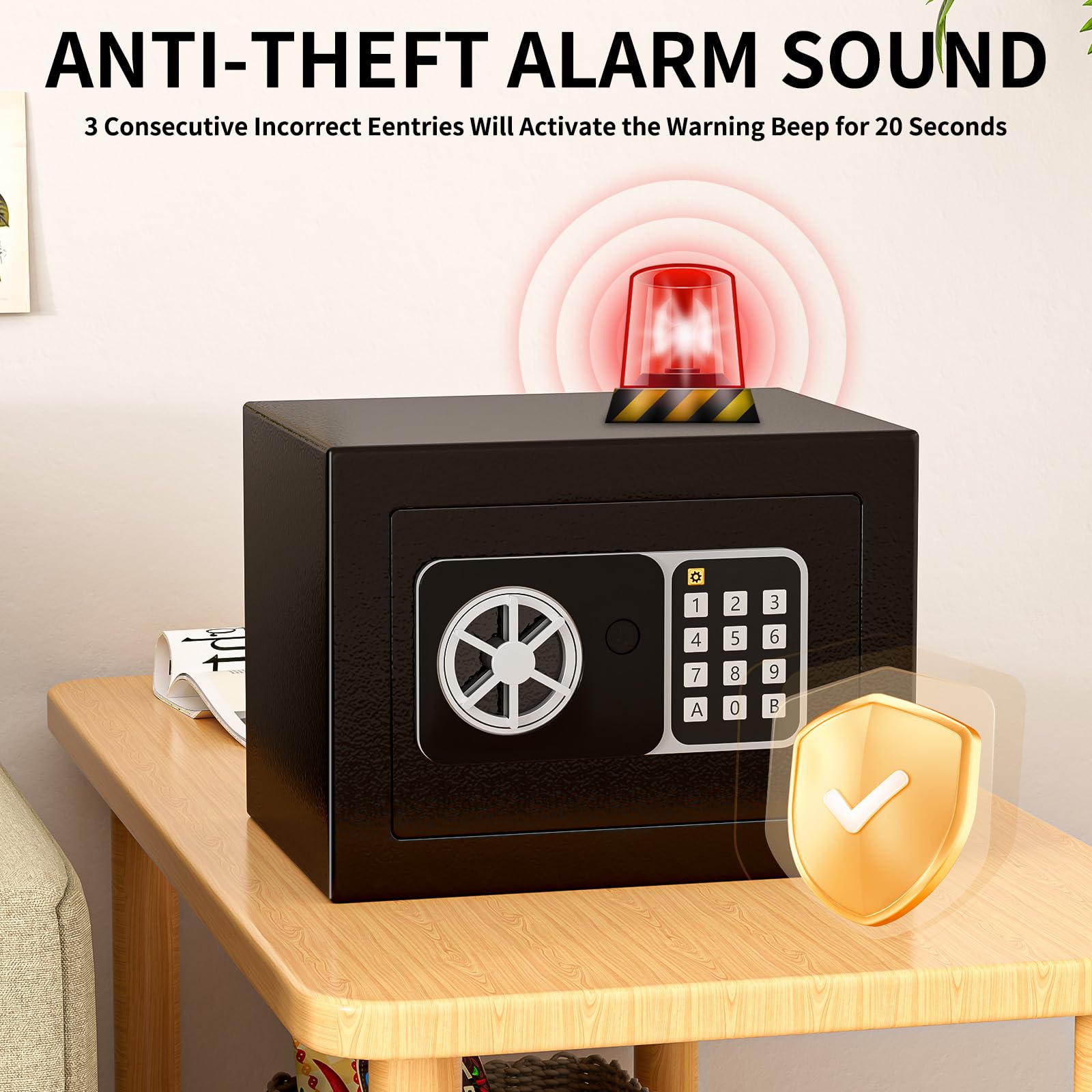 Digitaler Safe 6,8 l, kleiner Tresor für Zuhause, elektronische Sicherheitskassette, Wandtresor fürs Homeoffice mit 2 Schlüsseln, Mini-Safe 23 x 17 x 17 cm, schwarz