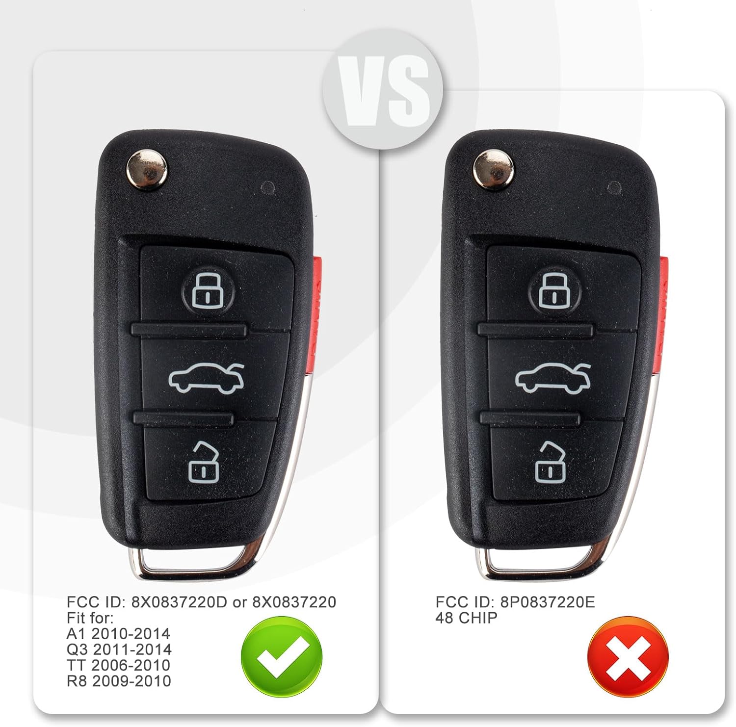 Flip Car Key Fob Keyless Entry Remote Control Replacement for Audi A1 2010-2014/Q3 2011-2014/TT 2006-2010 R8/2009-2010 8X0837220D or 8X0837220 ID48 Chip (Pair)