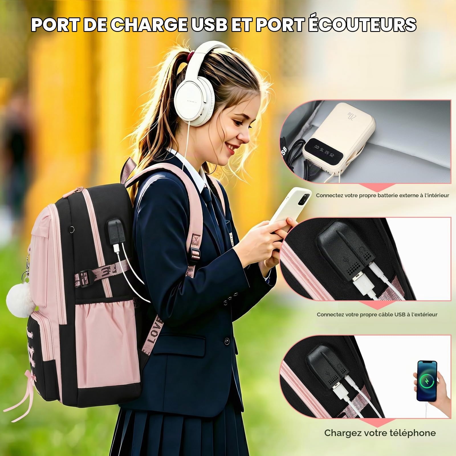 Ensemble Cartable Fille Primaire Collège 2 Pièces, Noir-Rose, 25L