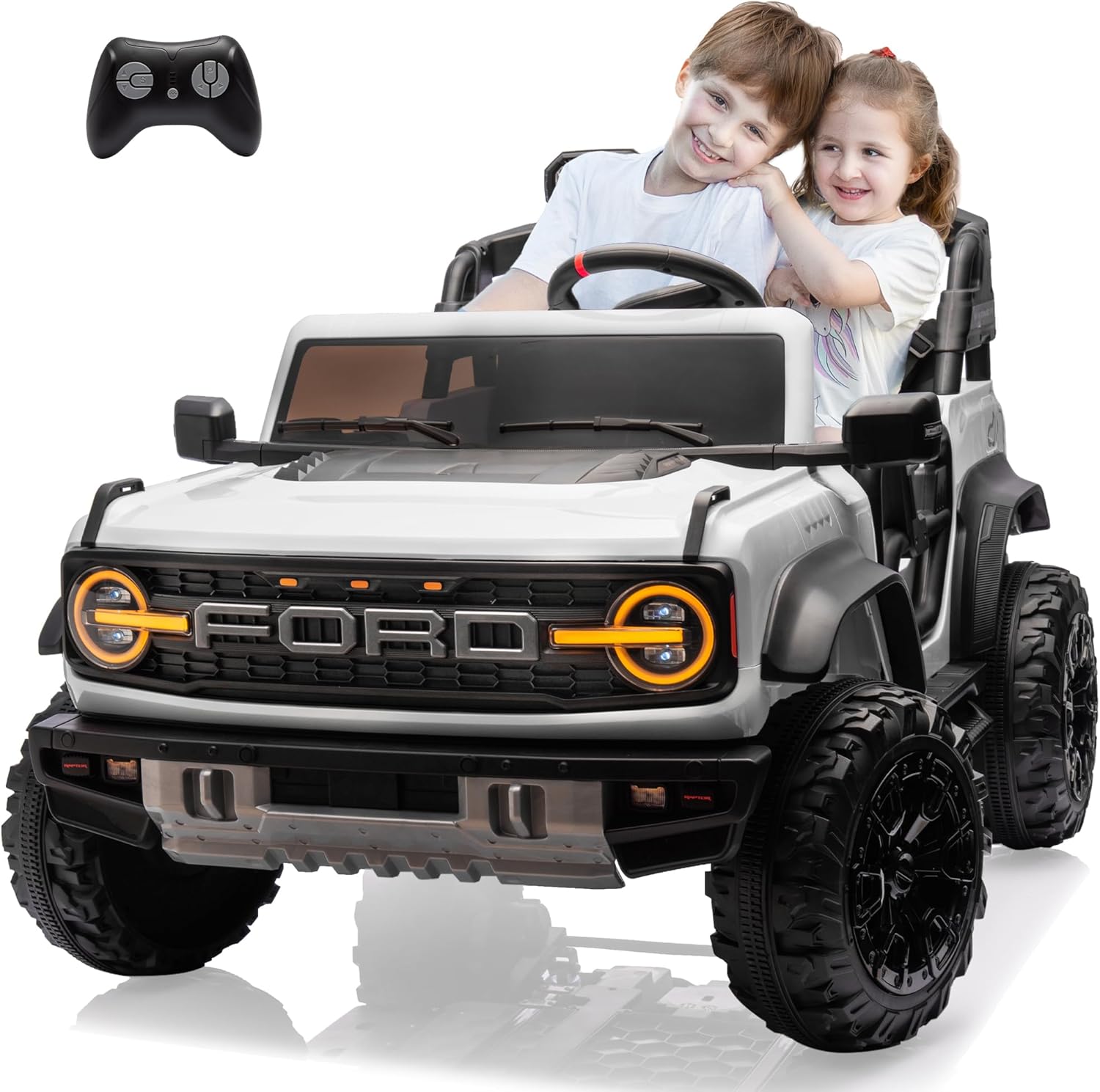 24v Ride On Toy for Big Kids,2-4.3 Mph,Ford Bronco Raptor Licensed Electric 2 Seater Ride On Car with Remote Control,Off-Road Wheels,Bluetooth Music Player,Spring Suspension,Safety Belts,Blue