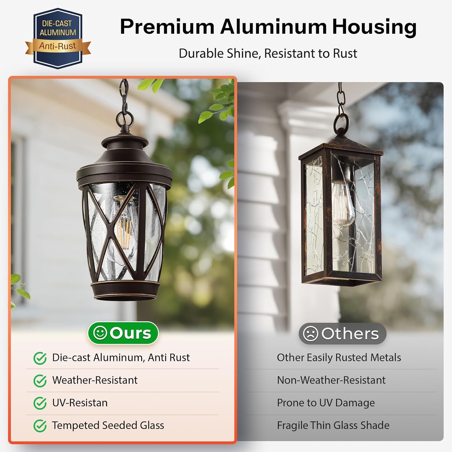 VIANIS Outdoor Pendant Light Fixtures, Oil Rubbed Bronze Outdoor Hanging Lights for Porch, Anti-Rust Porch Chandelier Lights with Adjustable Chain, Modern Lantern Ceiling Light with Seeded Glass Shade