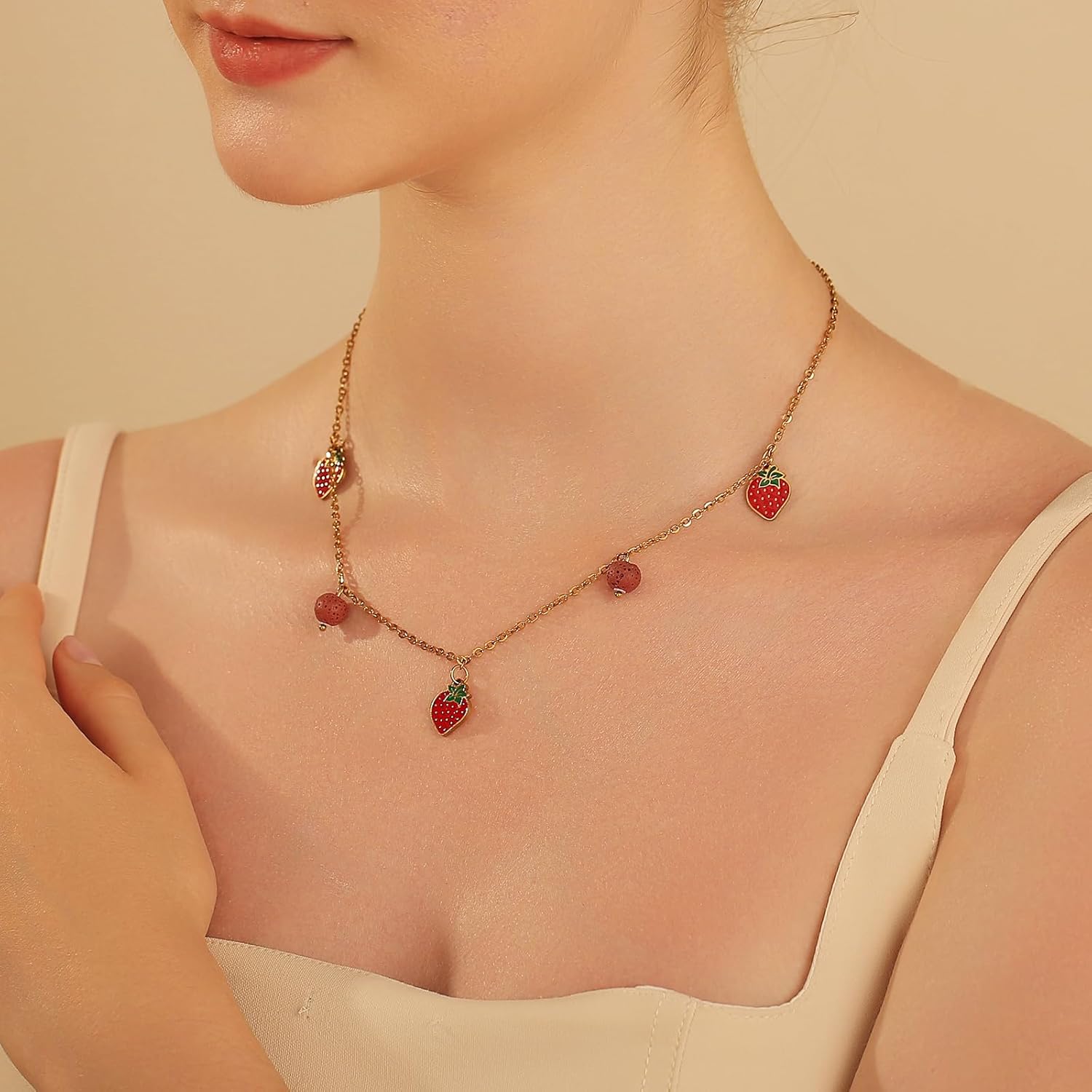 Delicate Fruit Pendant Stainless Steel Necklace for Women, Gold Chain with Cherry, Strawberry, Watermelon Charms Cute Tropical Necklace - Image 3