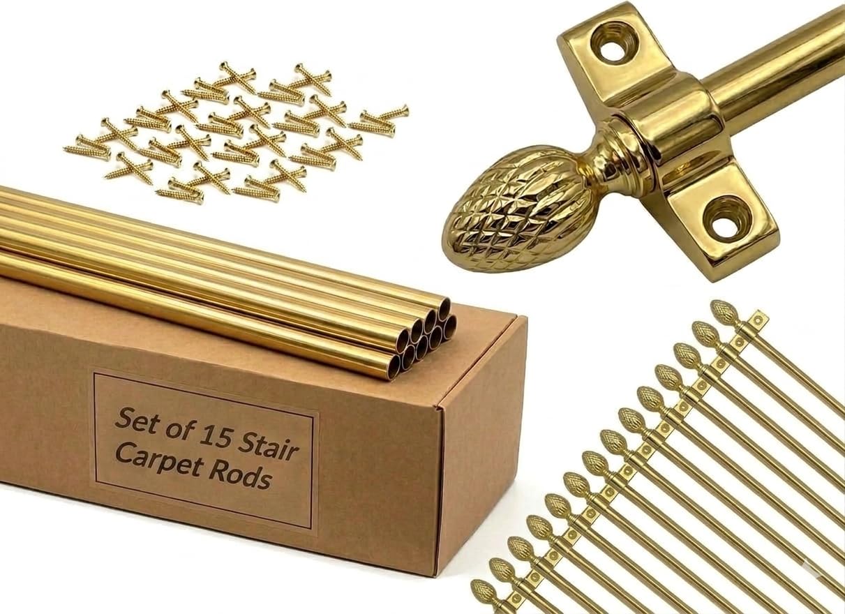 Set of 15 Premium Stair Carpet Rods, Polished Brass Finish with Decorative Pine Finials, Professional Grade Hardware for Runners up to 70cm