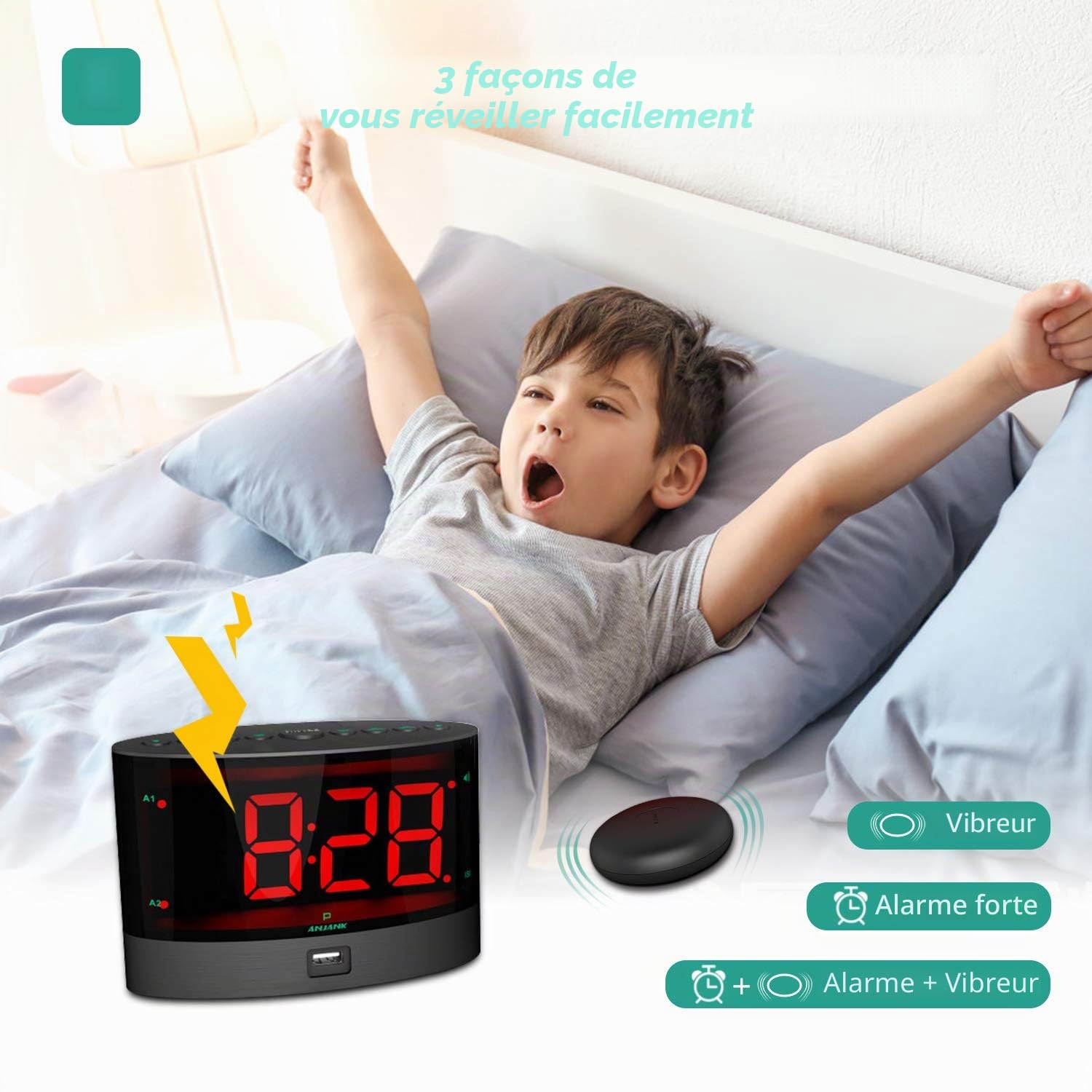 ANJANK Réveil Très bruyant avec Vibration Sans Fil, Secoueur de Lit pour Sourds/Malentendants/Sommeil Profond, Double Alarme, Variateur,Batterie de Secours, Chargeur USB, Grand Affichage LED Numérique