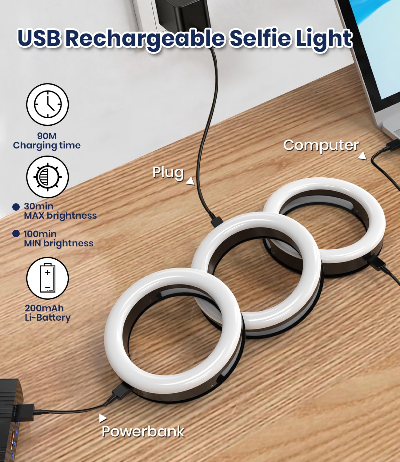 Luce ad anello per selfie, 40 LED, luce ad anello con tre modalità di colore, anello di ricarica USB, per cellulare, laptop, riunioni di zoom, trucco, videochiamate, streaming (nero)