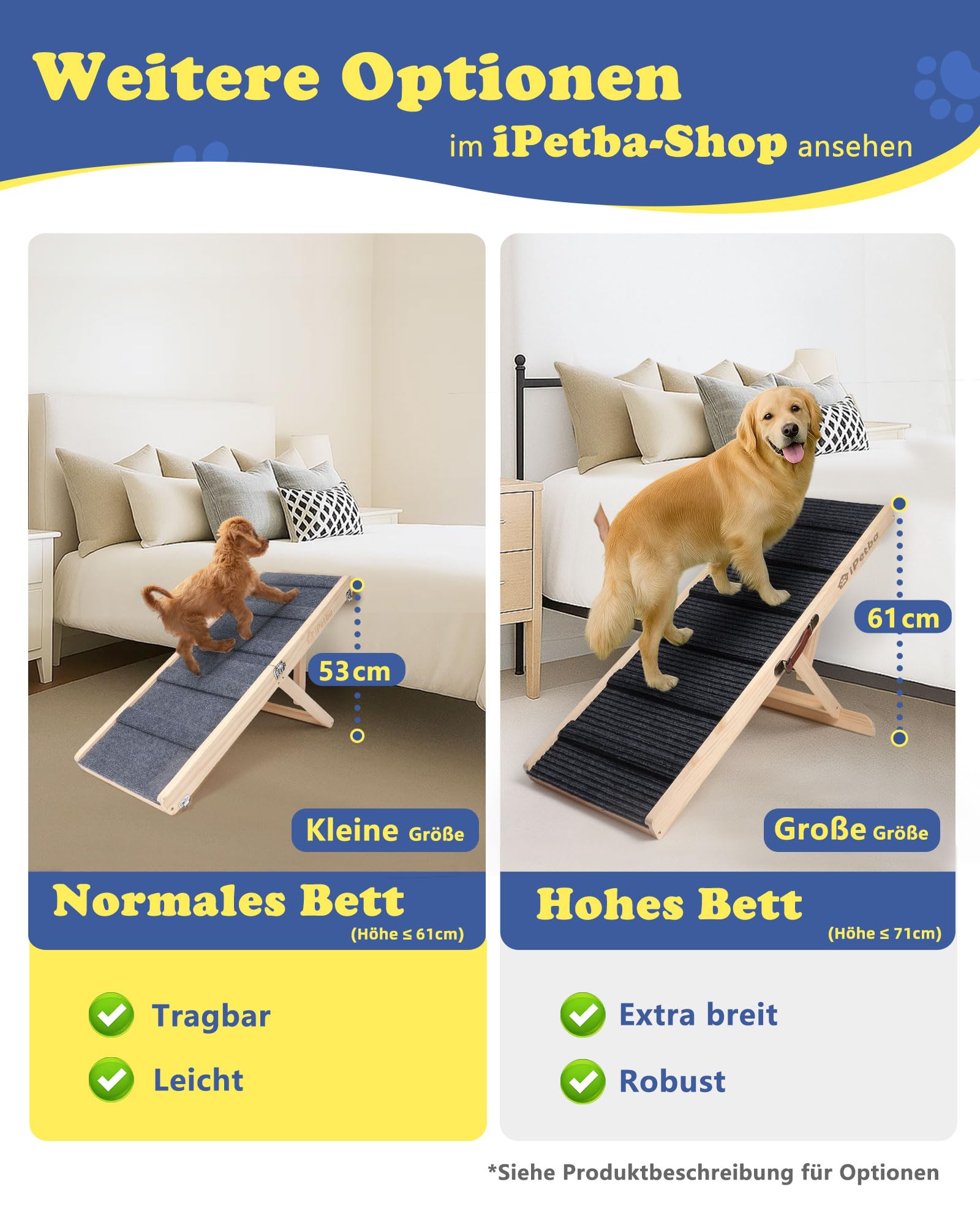 Hunderampe für Sofa und kleine Hunde bis 16 kg, Rampe für Couch und niedrige Möbel, aus Holz, höhenverstellbar, klappbar, rutschfest