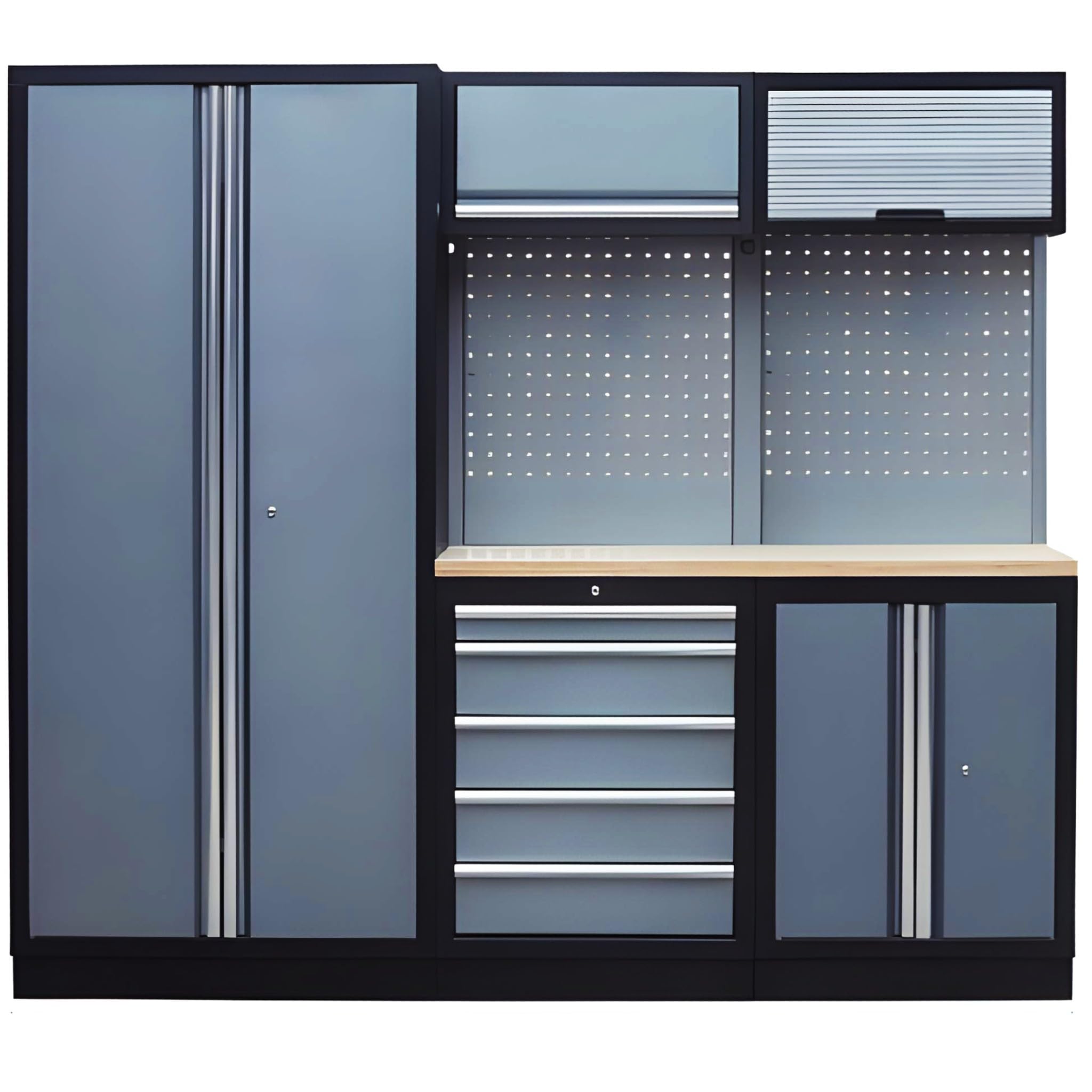 Bricoloco Estación Modular con Banco de Trabajo para talleres Profesionales. Armario para Herramientas y Mesa de Trabajo Amplia. Cajones de Cierre Suave. Modulable (2275 mm - 3 módulos)