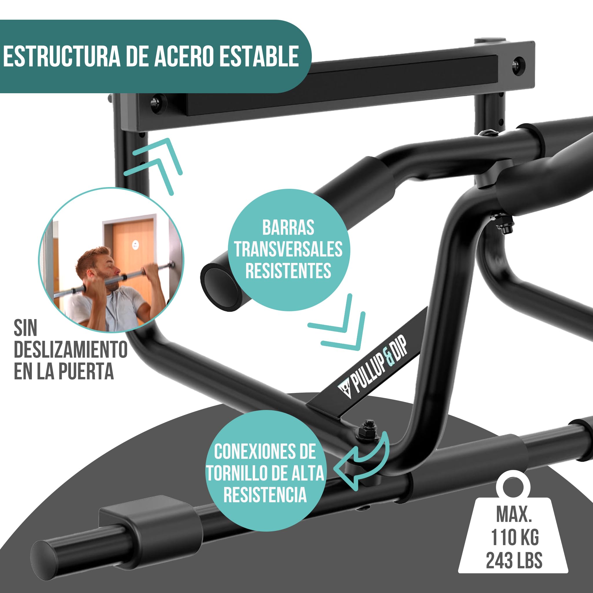 PULLUP & DIP Barra de dominadas para marcos de puerta sin taladrar, incluye estación de fondos – marco de puerta con barra de fondos – extensión de barra de fondos para casa