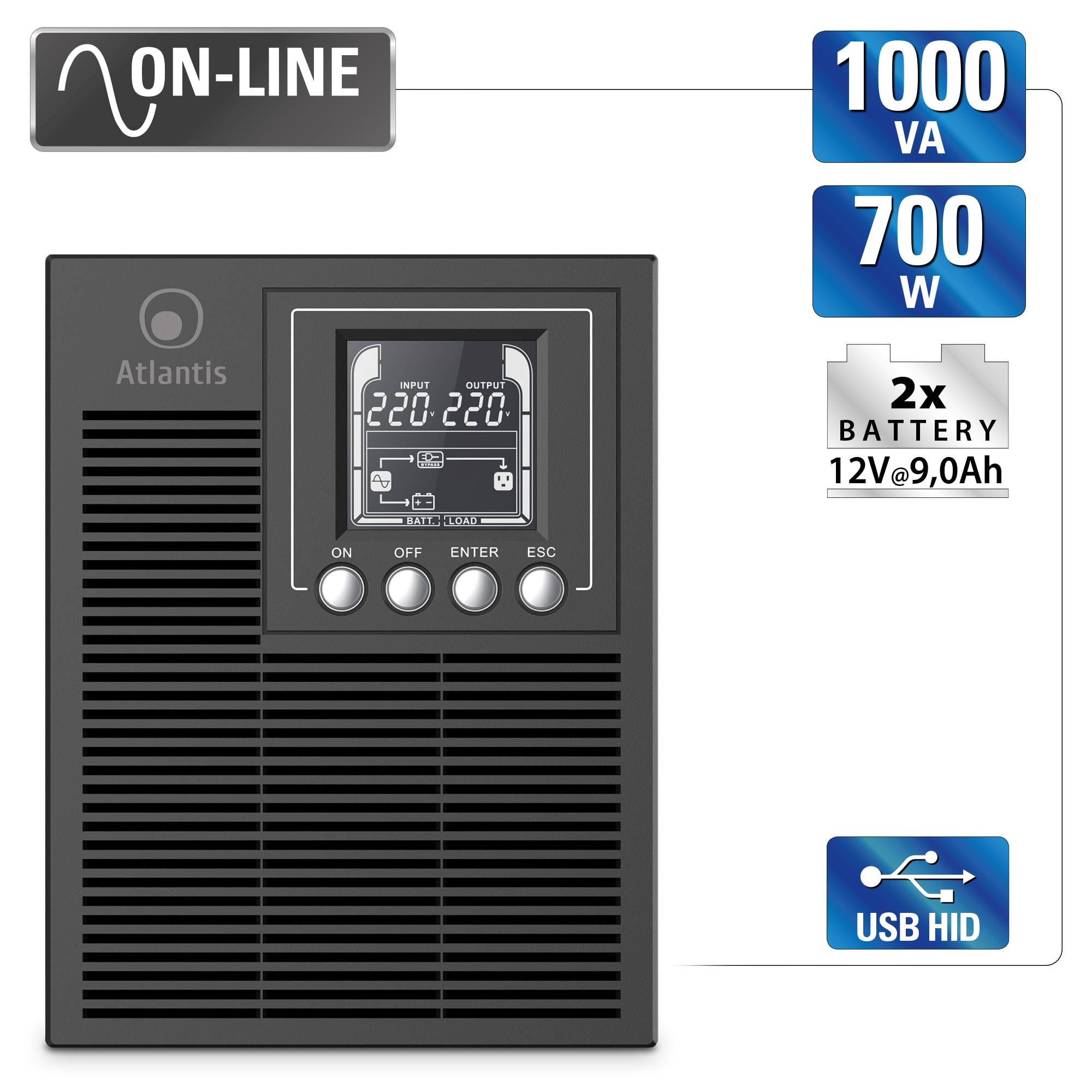 Atlantis A03-OP1002XLN UPS OnLine 88% Più Silenzioso Gruppo di Continuità Server Doppia conversione Onda Sinusoidale Pura 1000VA 700W, Ventola Low Noise Gelid 23,6 dbA,USB,2 Schuko + 1 IEC, 2x12V-9Ah