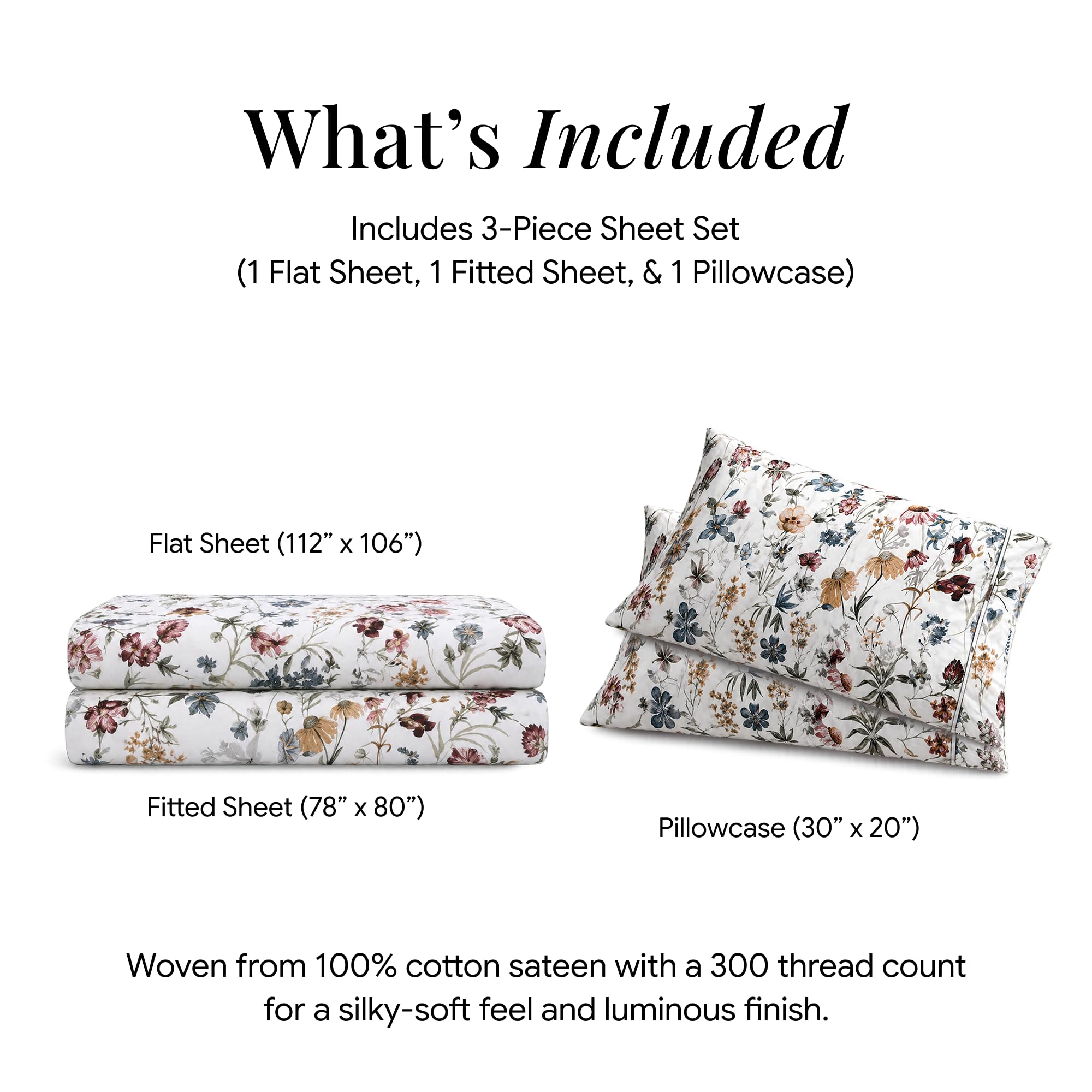 Tribeca Living Juego de sábanas tamaño King, satén de algodón suave de 300 hilos, estampado floral con bolsillos extraprofundos, juego de ropa de cama de 4 piezas, color rojo oscuro Amalfi, multicolor