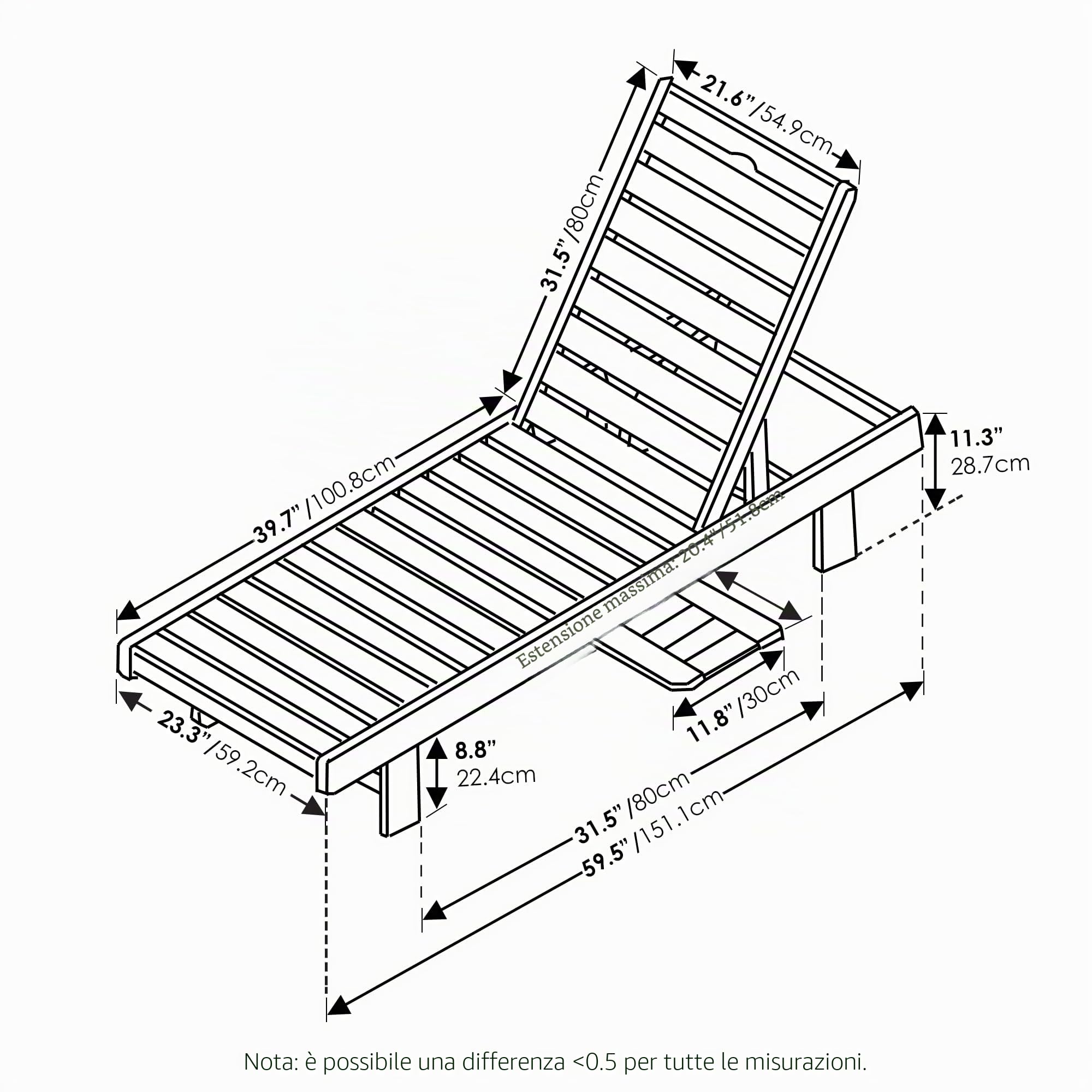 Furinno Tioman Lettino Prendisole Malo in Legno Duro da Esterno con Vassoio, Naturale, 59.2(D) x 151.1(W) x 28.7(H) cm