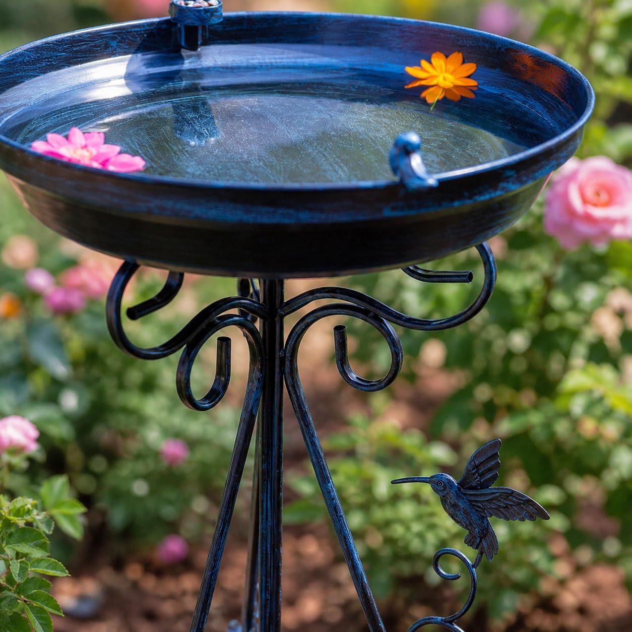 Vogeltränke Gartendeko, Dunkelblaue Metall Vogeltränke mit Ständer, 1000ml Vogelbad für Wildvögel, 45cm Ornate Gartenstecker Stehend