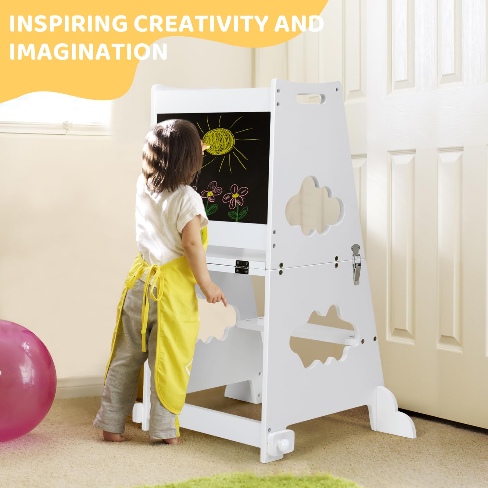 KIDINIX Lernturm ab 1 Jahr, 3 in 1 Montessori Learning Tower mit Sicherheitsgeländer und Tafel, Klappbarer Lernstuhl Kinder mit Tischfunktion für Küche, Bad, Weiß