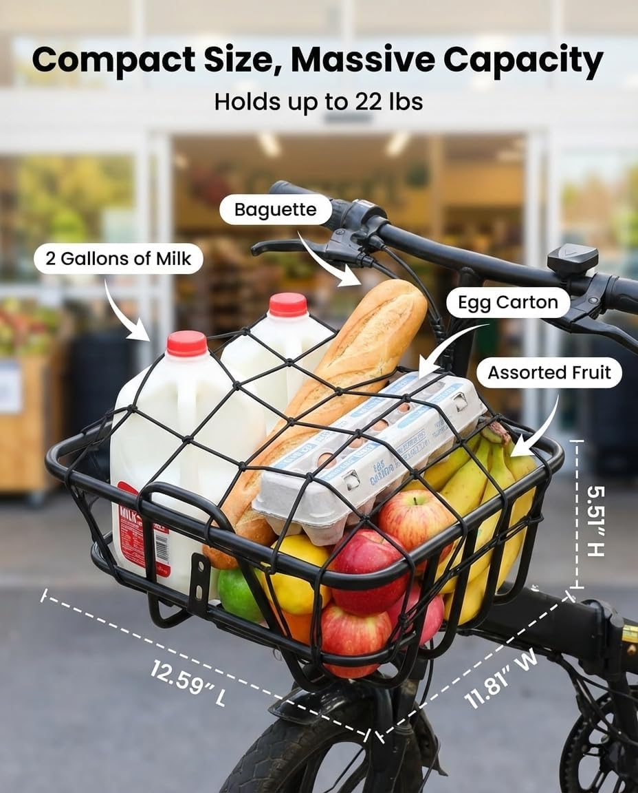 ANZOME Electric Scooter Basket & Bike Handlebar Bag – Stable Metal Wire Carrier with Cargo Net & Rainproof Cover – Front/Rear Rack Attachment for Commuting, Groceries, & Pet Transport (Black)