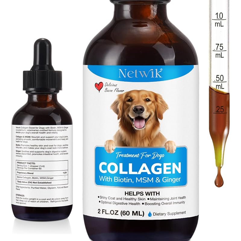 Suplemento líquido de colágeno para cães com biotina, MSM e gengibre Netwik, sabor bacon, 60 mL