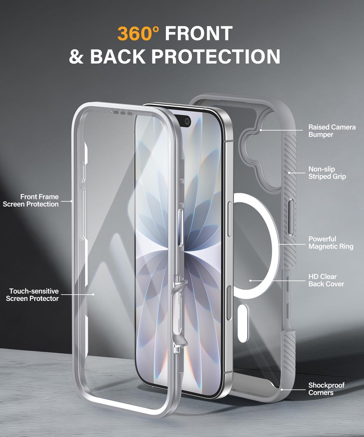 Magnetic for iPhone 17 Case with Built-in Sensitive Screen Protector, Full-Body Dual Front & Back Protective Phone Case [Compatible with MagSafe] Drop Proof 17 Cover 6.3 Inch, Grey