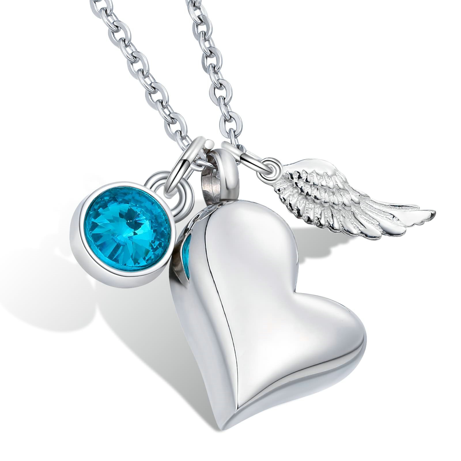 AooazJewellery Ash Pendant Angel's Wings Heart Can Be Engraved Memorial Cremation Jewellery Ash Pendant Stainless Steel Necklace with Birthstone Crystal Necklace Silver