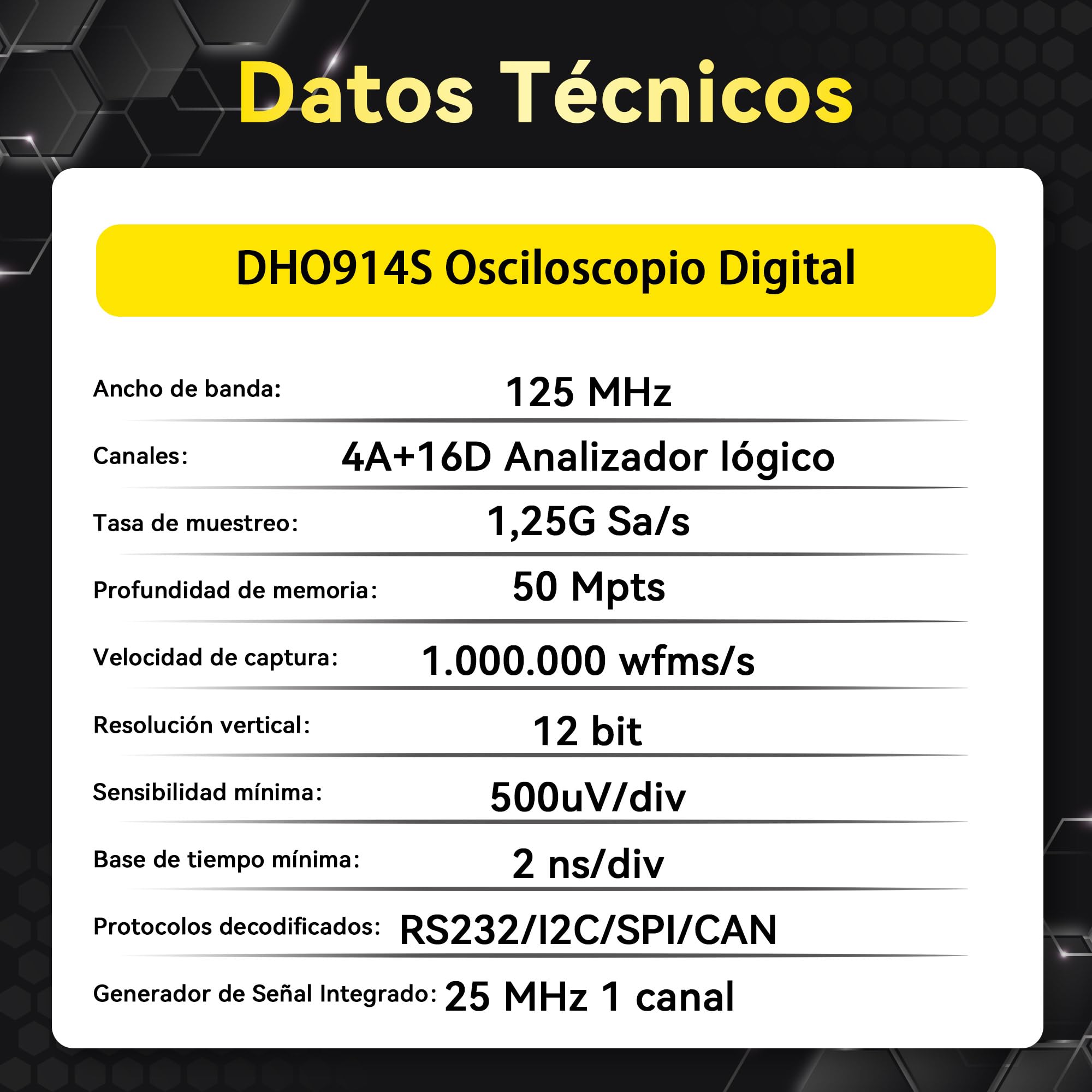 RIGOL Osciloscopio,DHO914S Osciloscopio Digital Portatil,125MHz,4A+16D canales,Resolución 12 bits,Pantalla táctil HD 7",Generador de señales integrado,Para pruebas en campo y enseñanza en laboratorio