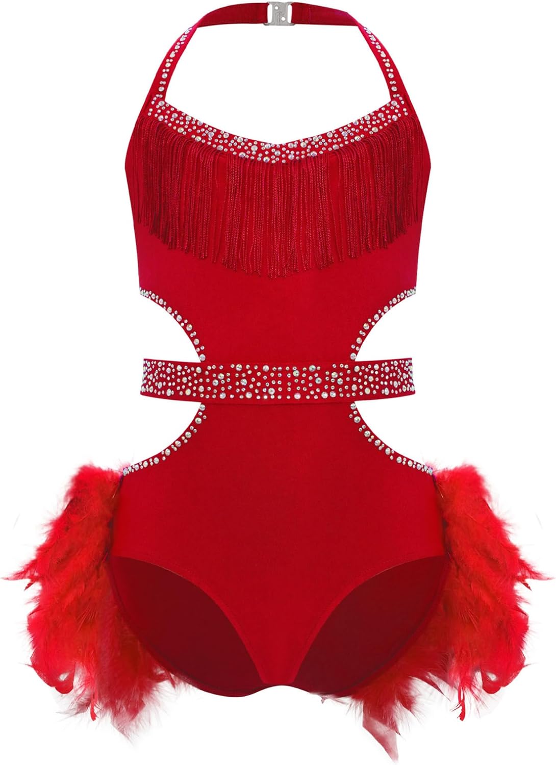 ranrann Kids Girls Feather Skirted Leotard Sleeveless Sparkly Fringe Bodysuit Rhinestone Latin Jazz Ballet Dance Outfit