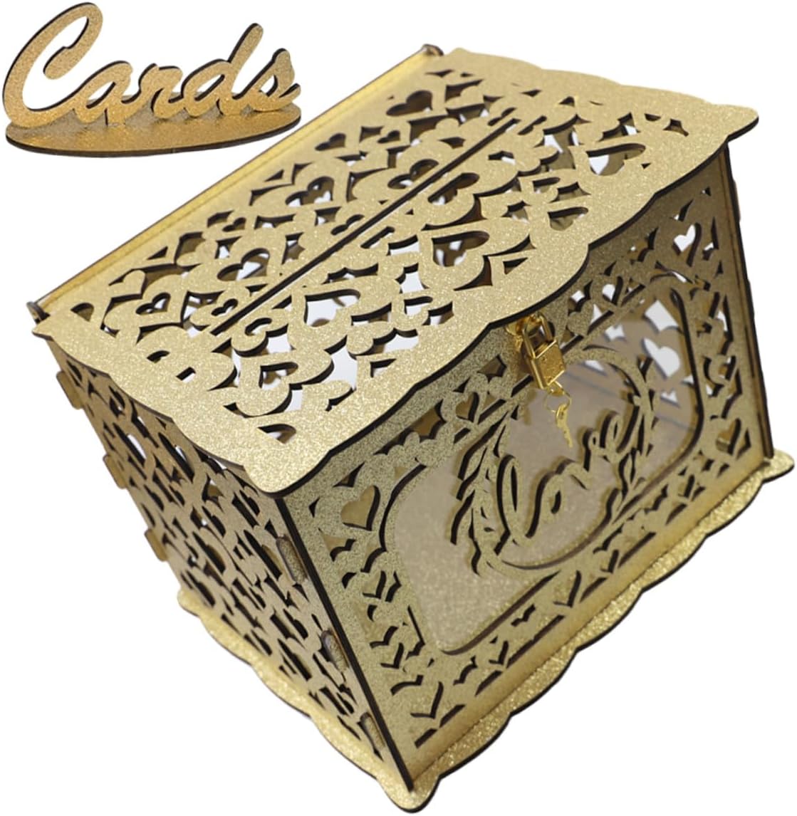 Wooden Hollow Card Box Portable Greeting Cards Holder Square Container for Wedding Anniversary Birthday Party Decoration
