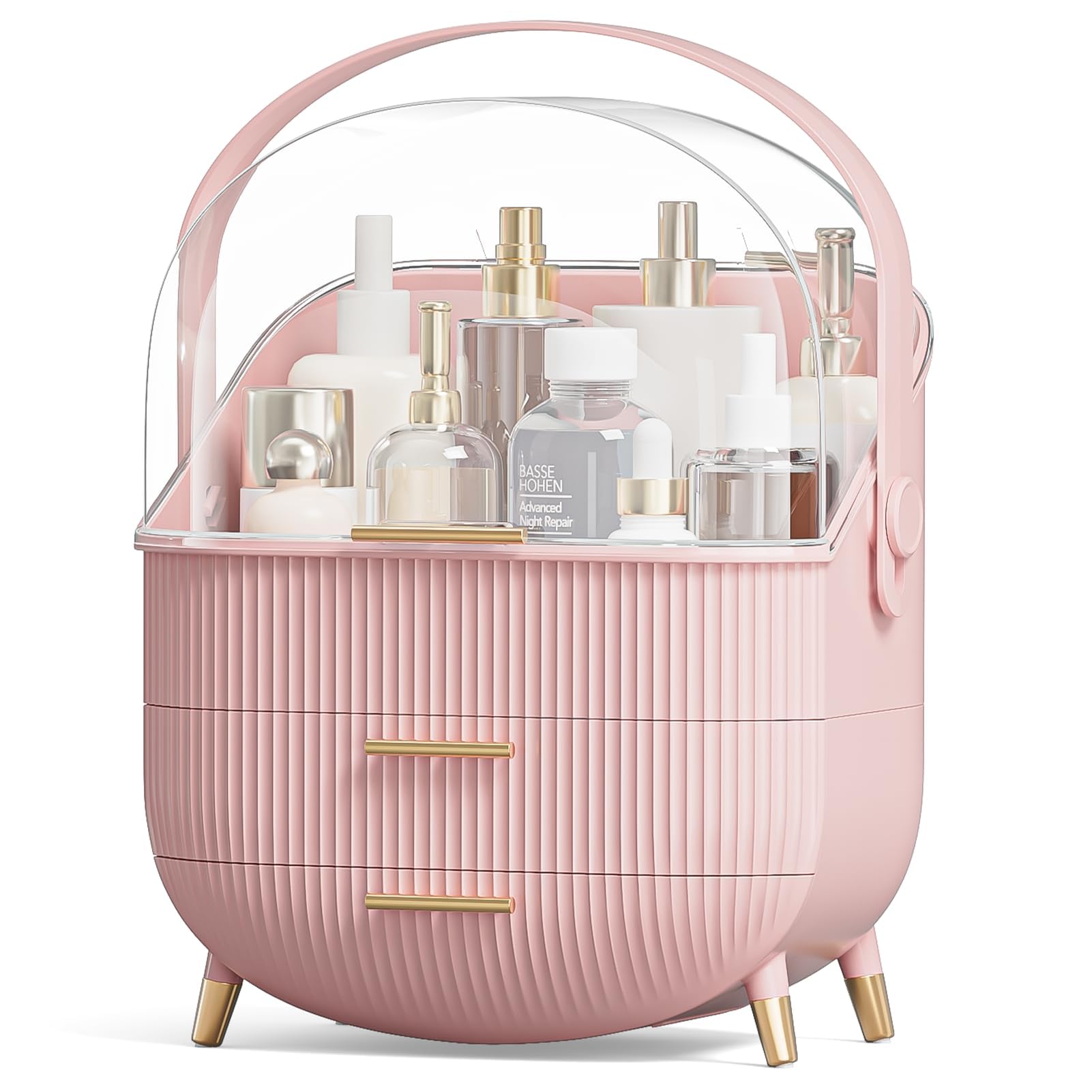 Boîte de rangement maquillage rose pour comptoir de salle de bain et coiffeuse