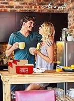 Vista 7 de AISBUGUR Mantequillera grande con tapa, recipiente de cerámica con cuchillo y sellador de silicona de alta calidad con tapas, buen regalo de cocina