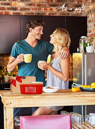 Miniatura 7 de Contenedor de mantequilla de cerámica grande con cuchillo, sostiene hasta 2 utensilios, con tapa de bambú y acero inoxidable de doble capa de