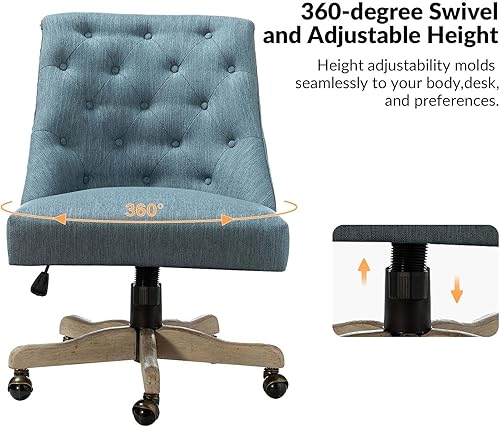 Miniatura 4 de Silla moderna de oficina en casa sin brazos, cómoda silla de escritorio tapizada con base de madera vintage, silla giratoria de altura ajustable