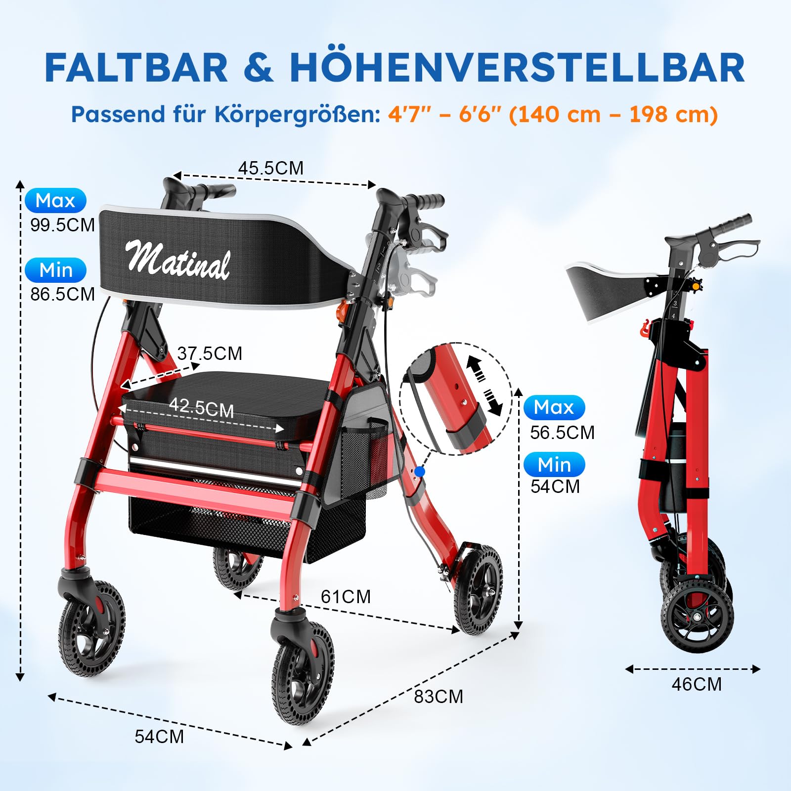 Faltbarer Rollator für Senioren Outdoor, Tragkraft bis 200kg, Rot | 20cm Gummireifen für jedes Gelände, Rollator für den Außenbereich aus Aluminiumlegierung mit breitem, höhenverstellbarem Sitz