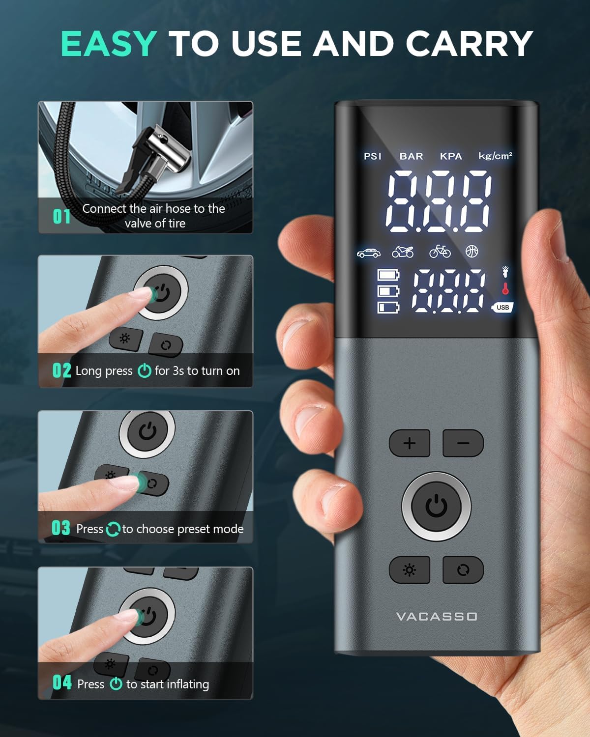 Reifenfüller Tragbarer Luftkompressor, 5X Schnelleres Aufpumpen Taschenluftpumpe für Autoreifen, Kabellose Reifenpumpe für Auto, SUV, Motorrad, Fahrrad, Bälle mit LED-Manometer, Grau