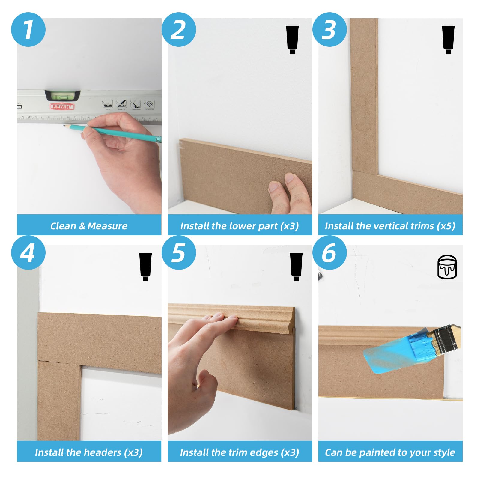 Art3d Zestaw gotowych paneli i listew ściennych (210 x 113 cm) MDF ściana akcentowa do kuchni, sypialni i salonu, możliwość pomalowania – w zestawie listwy krawędziowe i listwy montażowe