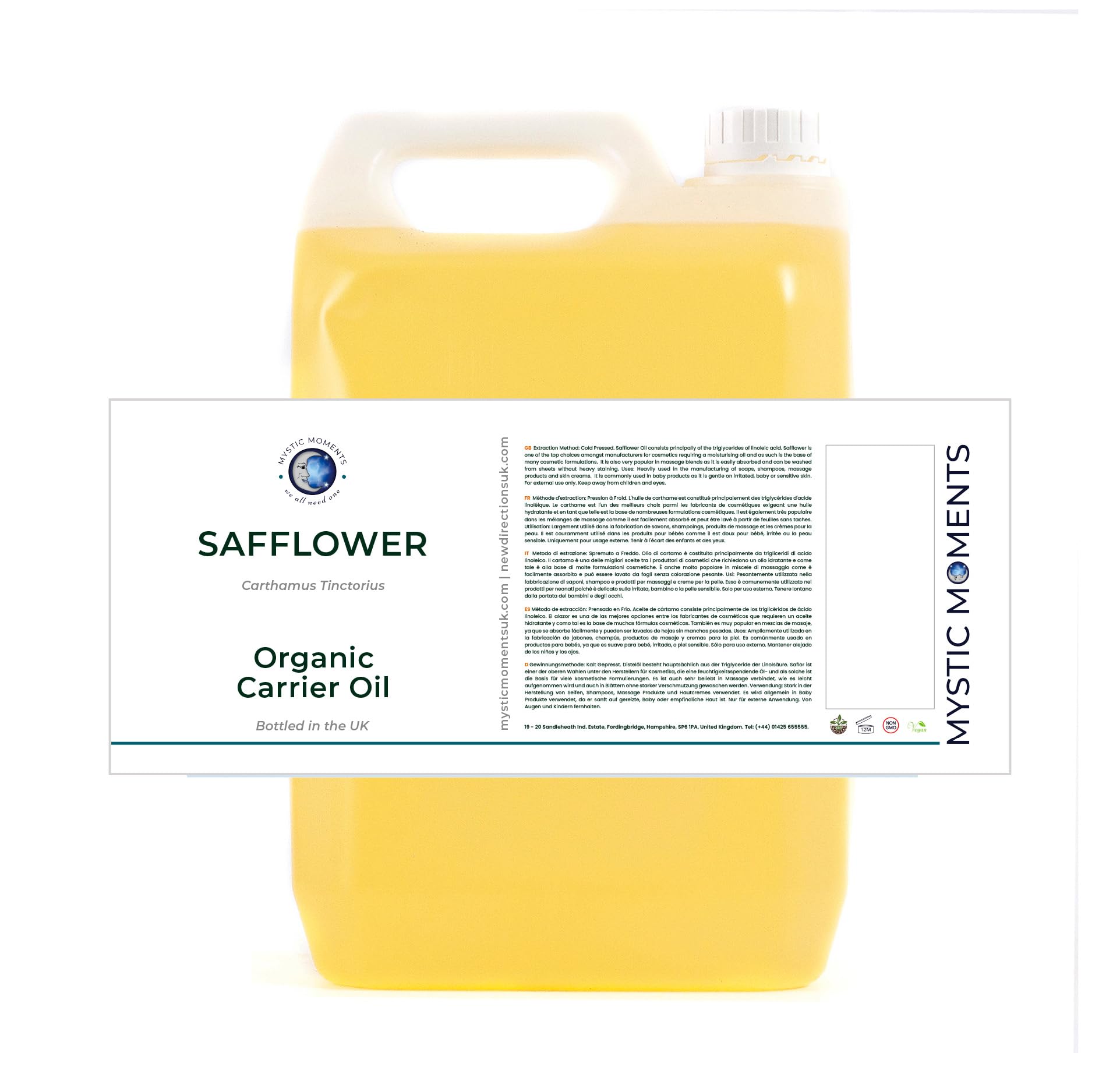 Mystic Moments | Safflower Organic Carrier Oil 5 Litres | Cold Pressed Carthamus Tinctorius Seed Oil | Light & Non-Greasy | RBD Refined | Australia Origin | Vegan GMO Free