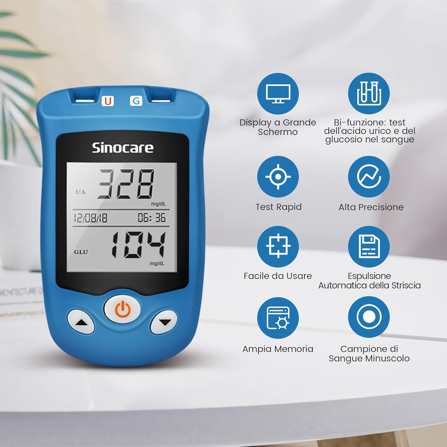 Sinocare Safe AQ UG meter features: large screen, dual function, fast test, high precision, easy to use, automatic strip ejection, large memory, tiny blood sample.