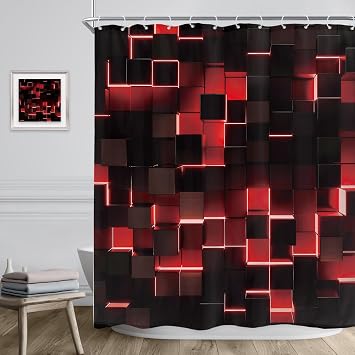 Red Black Boys Men Anime Abstract Bathroom Shower Curtain Set | 60W x 72L shower curtain, Gradient Futuristic: HD waterproof print, quick-dry cloth, free hooks for easy installation.