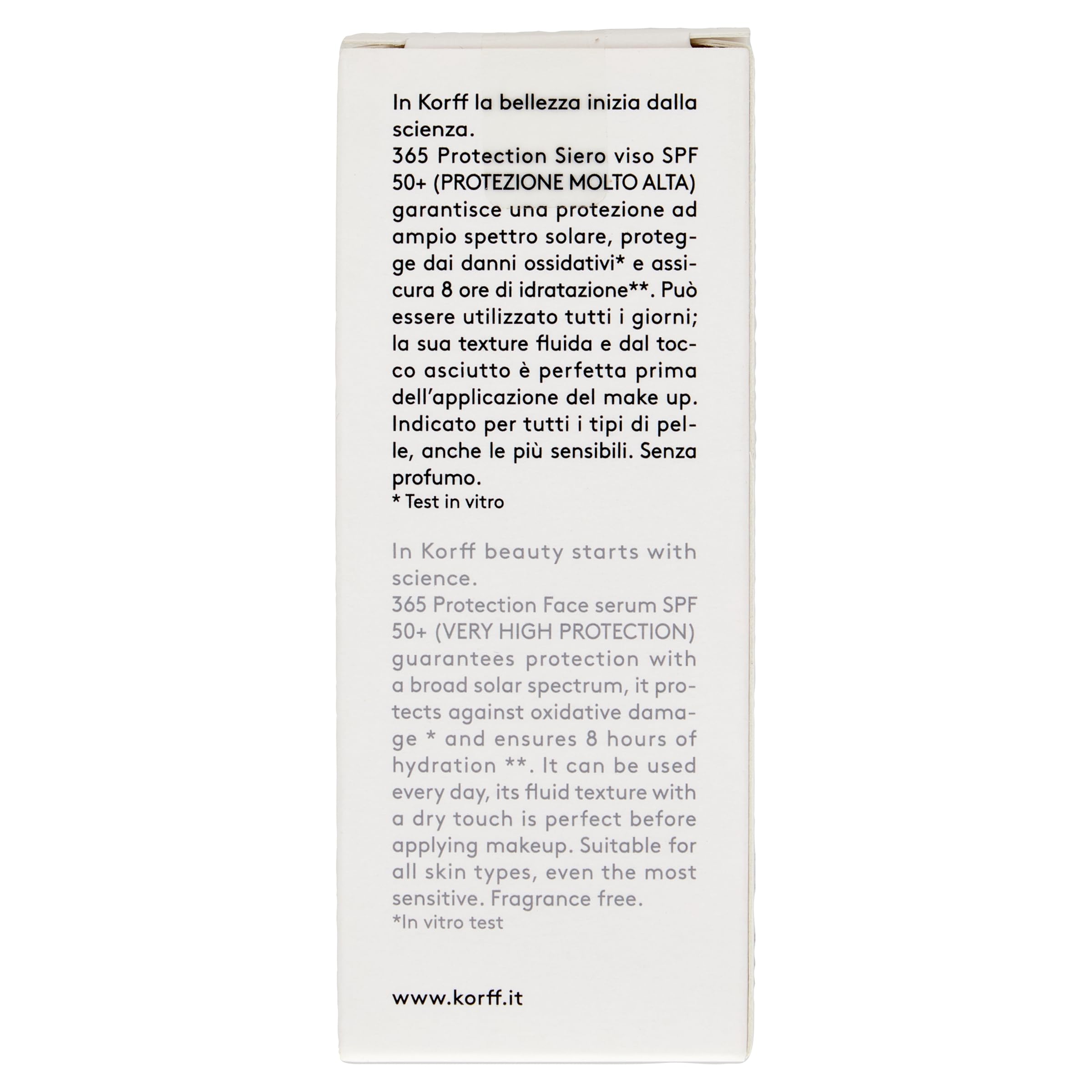 Korff 365 Protection Serum do twarzy SPF 50+, bardzo wysoka ochrona przed słońcem, nawilżanie 8h, płynna tekstura, odpowiednia dla wszystkich rodzajów skóry, opakowanie 30 ml