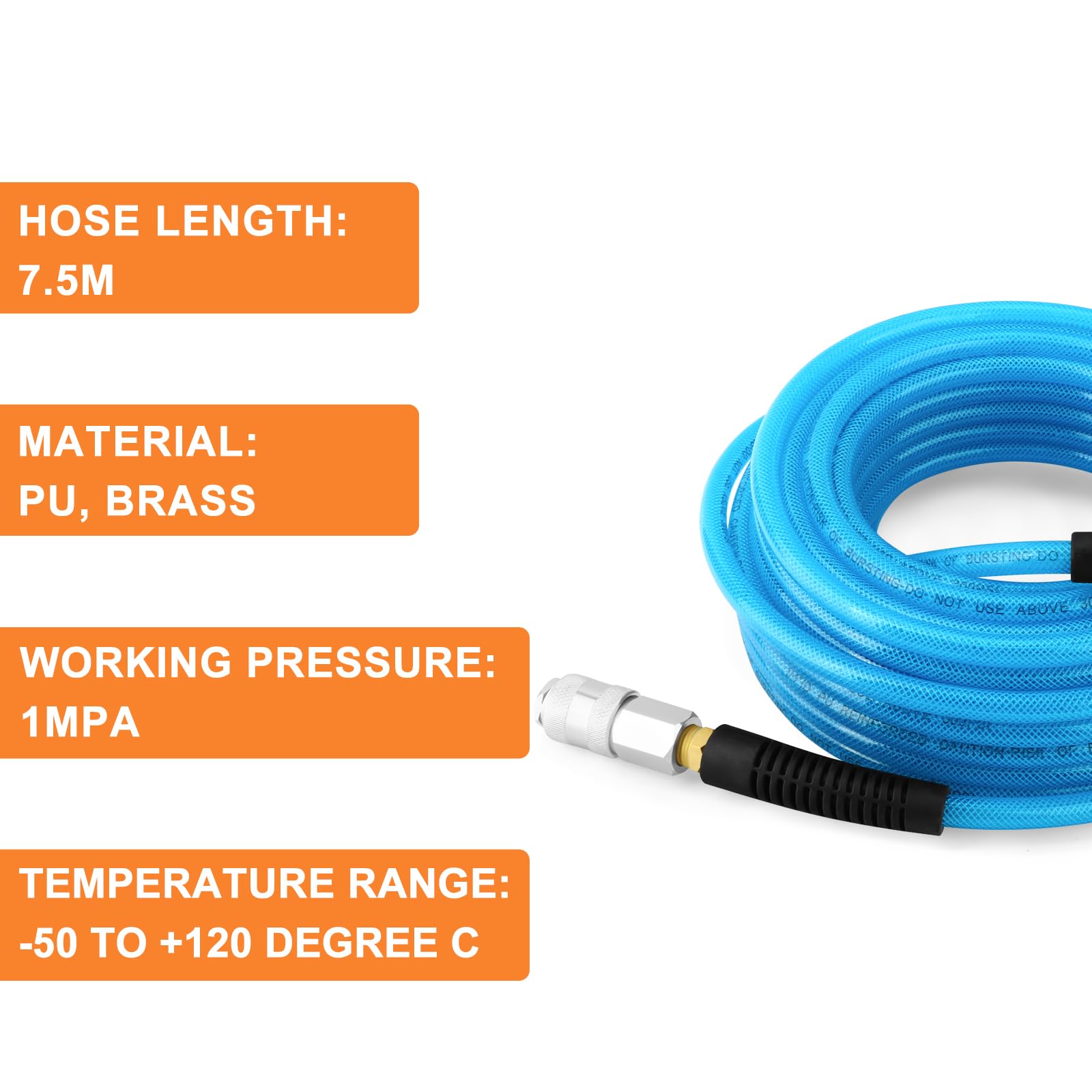 GASHER 1/4" x 7.5m verstärkter Polyurethan-Luftschlauch, maximaler Arbeitsdruck 1MPA, bestehend aus Messing und blauem PU-Schlauch GO