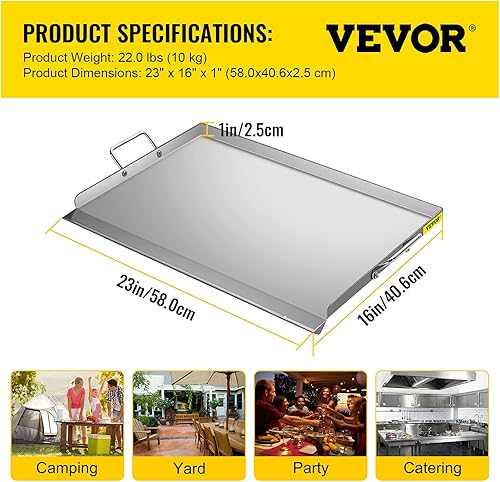 Miniatura 7 de VEVOR Plancha de acero inoxidable placa superior plana de 23 x 16 pulgadas plancha para parrilla de carbón y gas con 2 asas parrilla rectangular