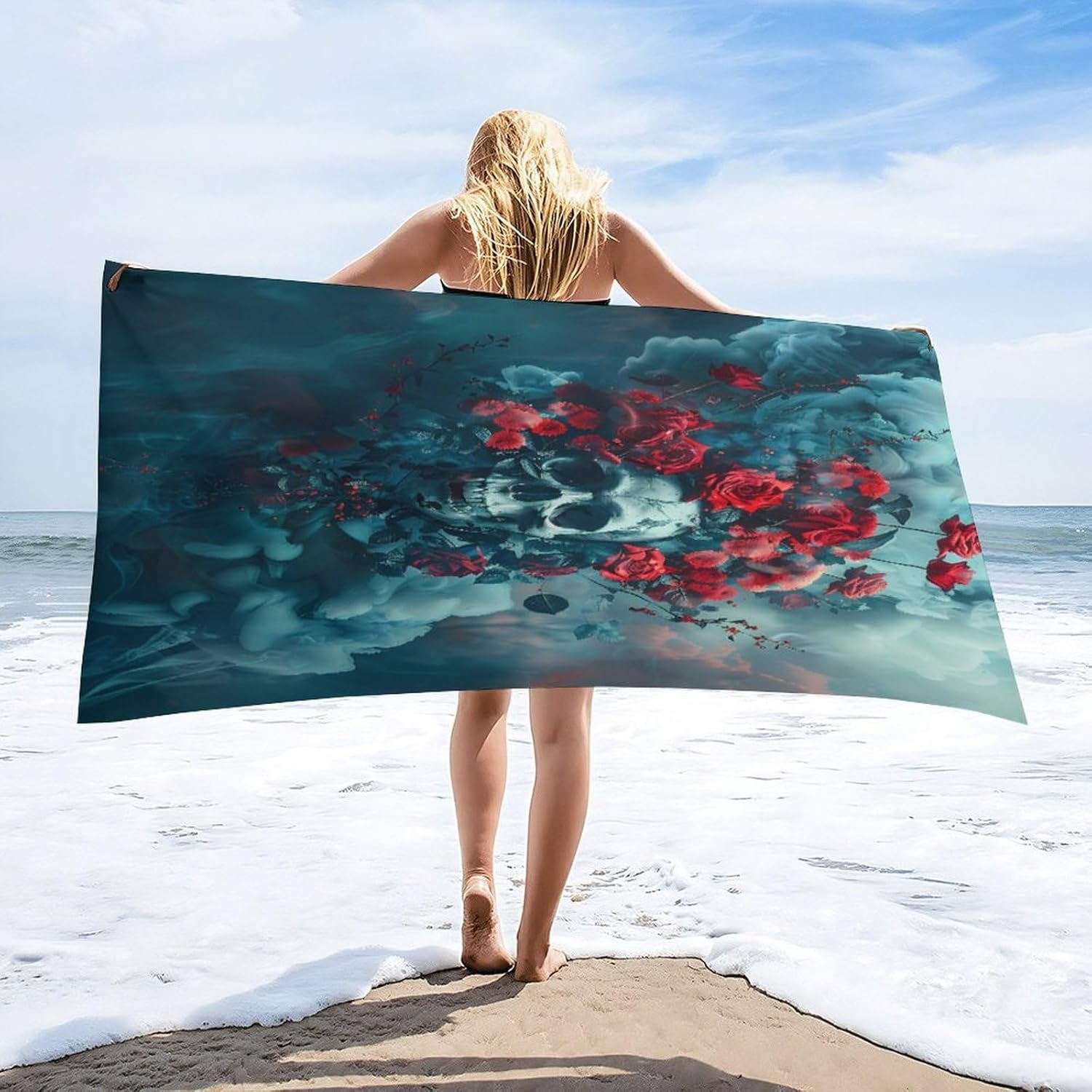 Rose Skull Bath Towel Beach Towels Quick Dry Oversized Bath Blanket Highly Absorbent Towel for Women Men 160x80cm