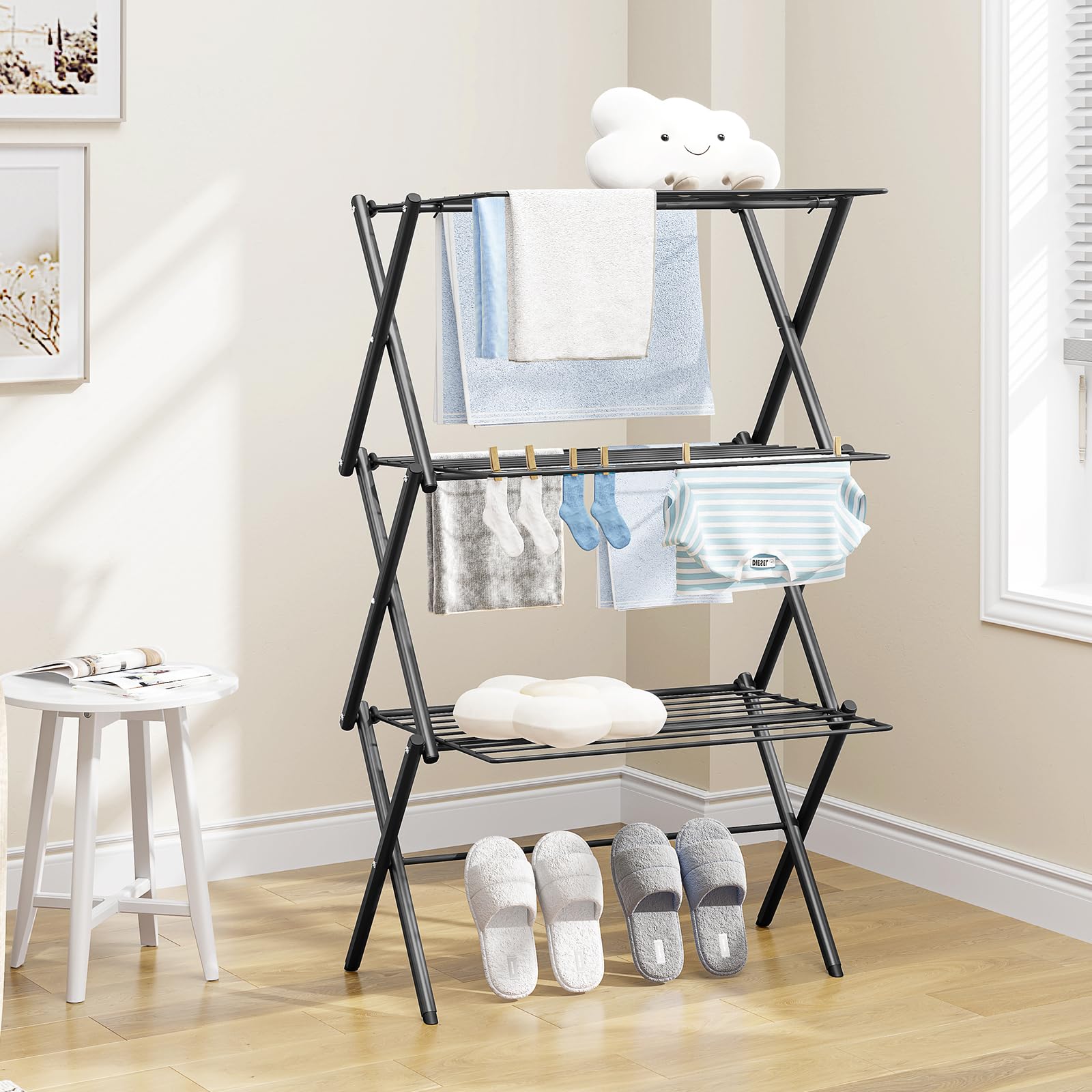 KINGBOARD Support de séchage des vêtements, étendoir à linge pliable, séchoir à vêtements à 3 niveaux, séchoir à pull pliable, pour intérieur et extérieur, Noir