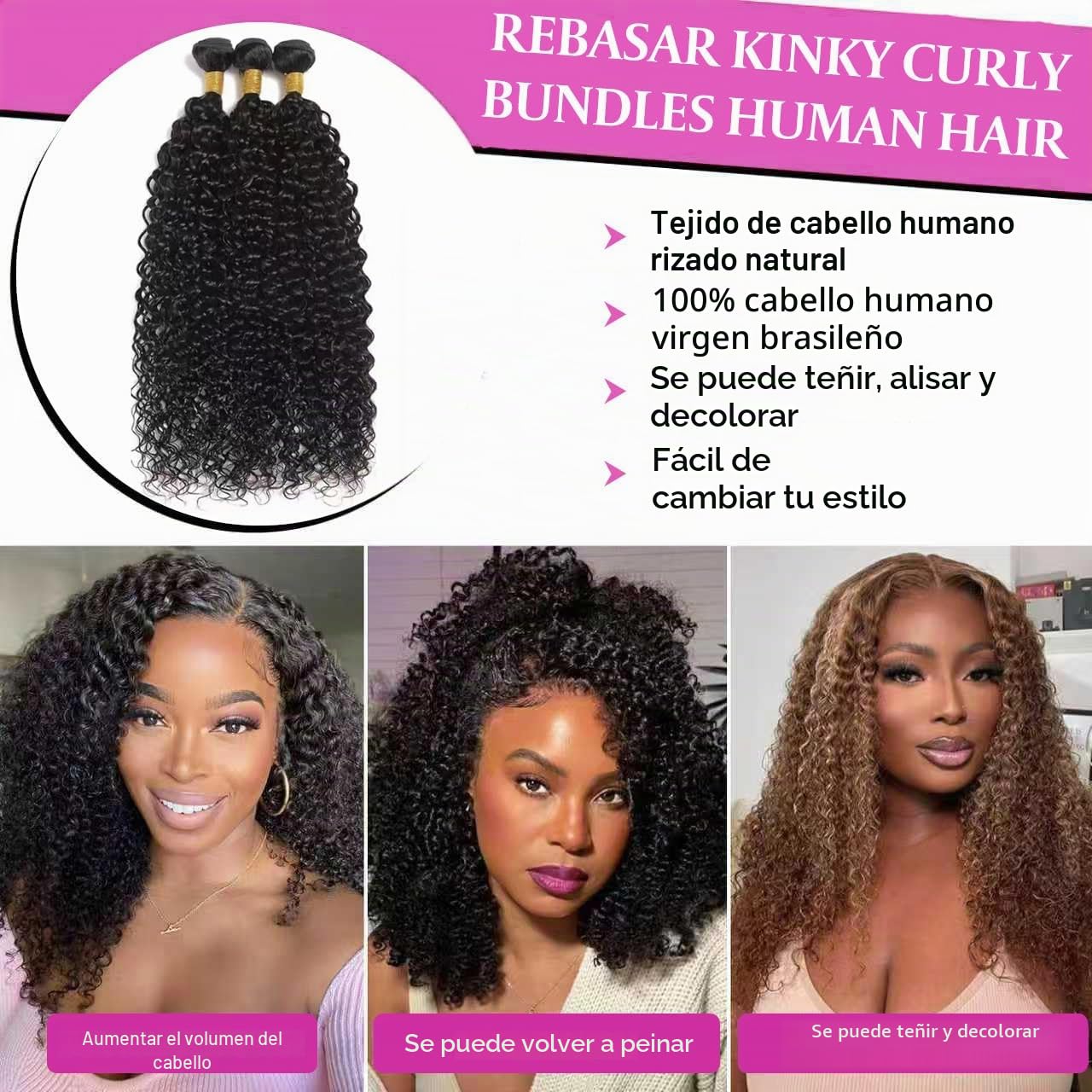 Kinky Curly Bundles Human Hair Pelo Rizado Para Extensiones Mechones Trenzas Natural Cabello Humano Extensión de Cabello Humano Negro Natural 141618 Pulgadas 3 Bundles 210g