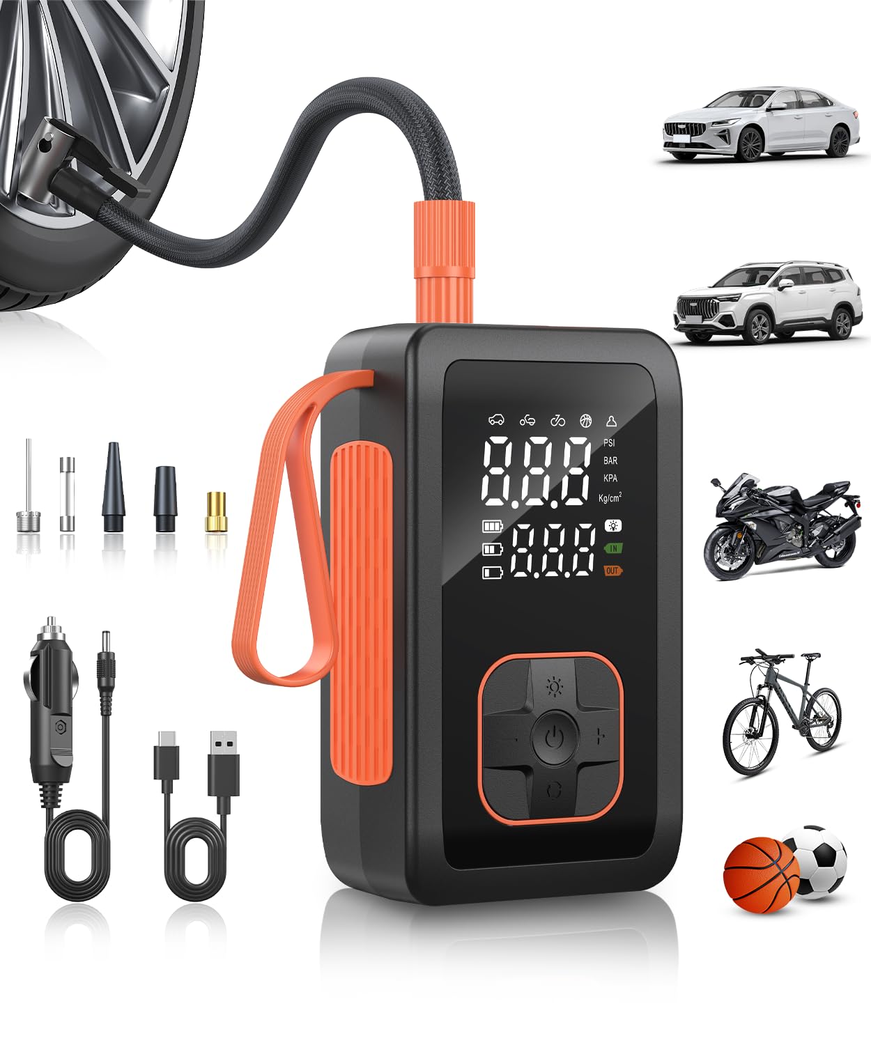 Hafuloky Tire Inflator Portable Air Compressor, 3X Faster Cordless Air Pump for Car Tires with LED Light, 150PSI Air Pump with Cigarette Lighter Plug for Car, Motorcycle, Bicycle, Ball(Black)