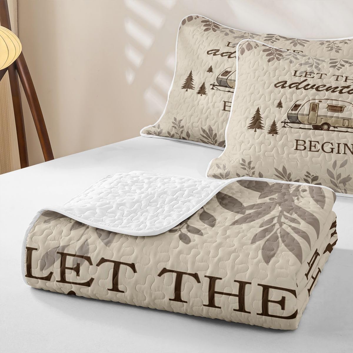 Erosebridal Camping Decor Quilt Set Queen Size for Kids Camper Campground Bedspread Coverlet Modern Leaves Quilted Blanket Mountain Adventure Theme Bedding Set for All Seasons